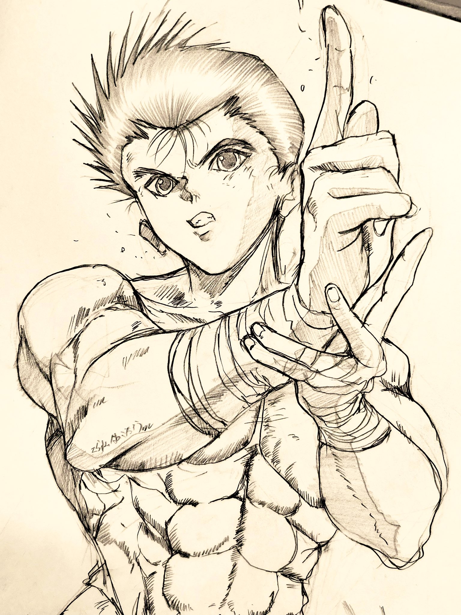 hiei4455, urameshi yuusuke, yuu yuu hakusho, highres, photo (medium), traditional media, 1boy, bandaged wrist, bandages, finger gun, male focus, muscular, muscular male, short hair, solo, teeth, topless male, upper body