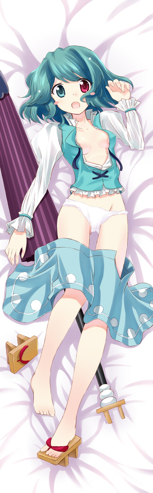 komone ushio, tatara kogasa, touhou, bad id, bad pixiv id, long image, tall image, 1girl, :o, aqua eyes, aqua hair, barefoot, blue eyes, blue hair, breasts, cleavage, closed umbrella, clothes pull, dakimakura (medium), female focus, full body, geta, heterochromia, legs, looking at viewer, lying, matching hair/eyes, medium breasts, no bra, open clothes, open mouth, open shirt, panties, red eyes, sandals, shirt, shoes, short hair, single shoe, skirt, skirt pull, solo, umbrella, underwear