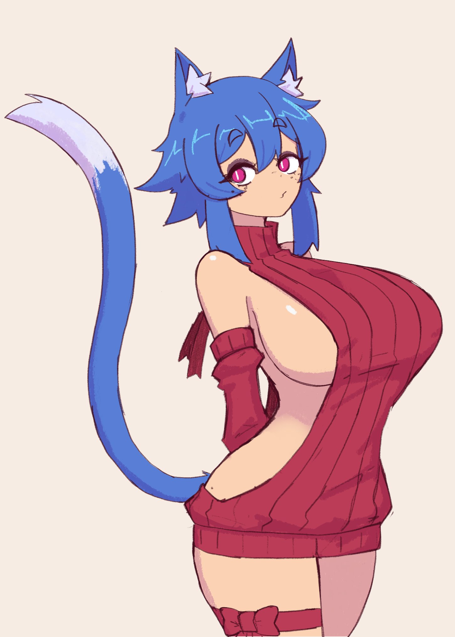 doce, xiao (docecaedrus), original, highres, 1girl, animal ear fluff, animal ears, arms behind back, backless dress, backless outfit, bare shoulders, blue hair, bow, breasts, cat ears, cat girl, cat tail, closed mouth, cowboy shot, detached sleeves, dress, female focus, freckles, hair between eyes, halterneck, naked sweater, pink eyes, red bow, red sweater, short hair, sideboob, simple background, solo, sweater, sweater dress, tail, thigh strap, turtleneck, turtleneck sweater, virgin killer sweater