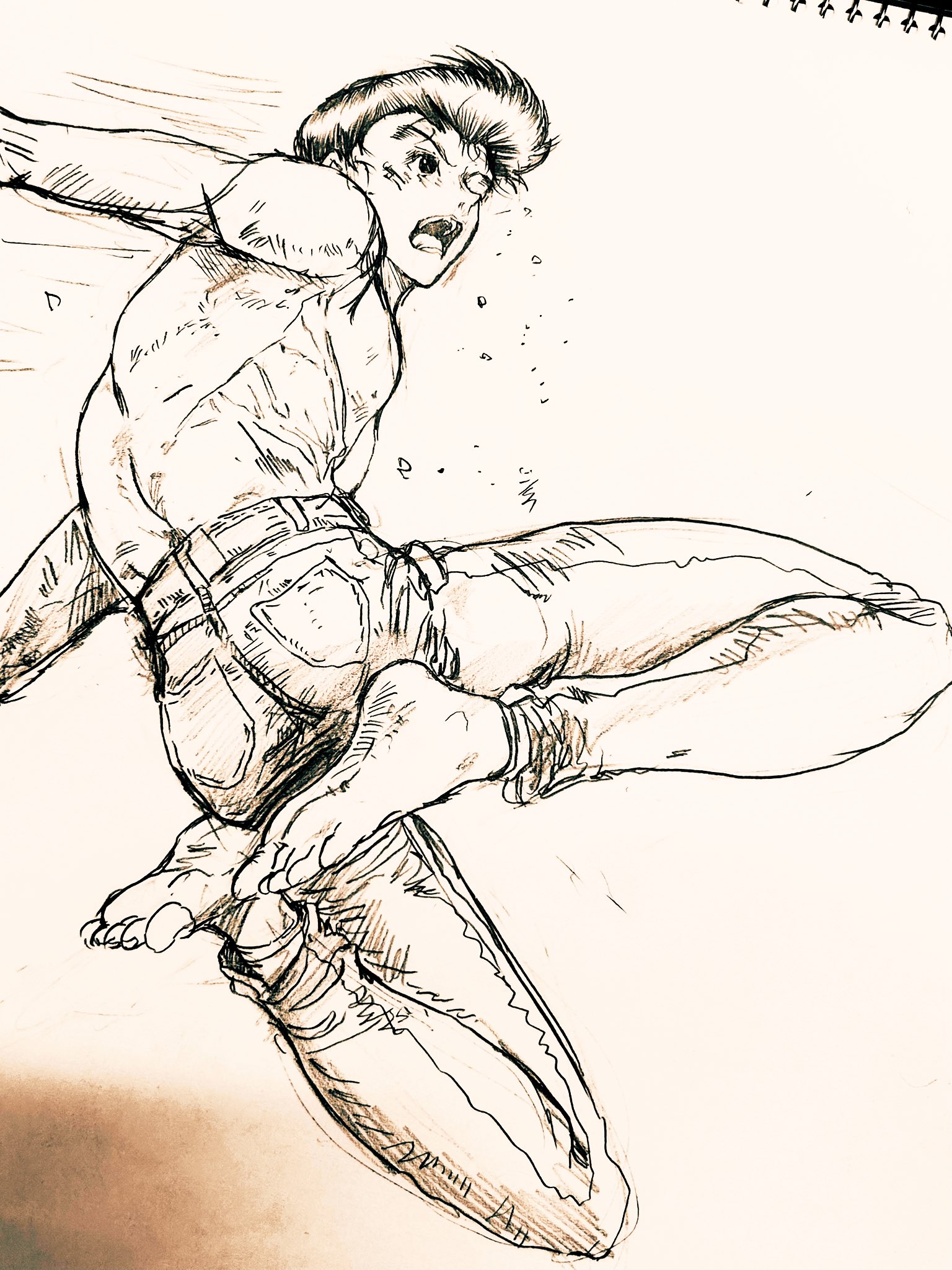 hiei4455, urameshi yuusuke, yuu yuu hakusho, highres, photo (medium), traditional media, 1boy, barefoot, feet, full body, male focus, open mouth, pants, short hair, solo, toned, toned male, topless male