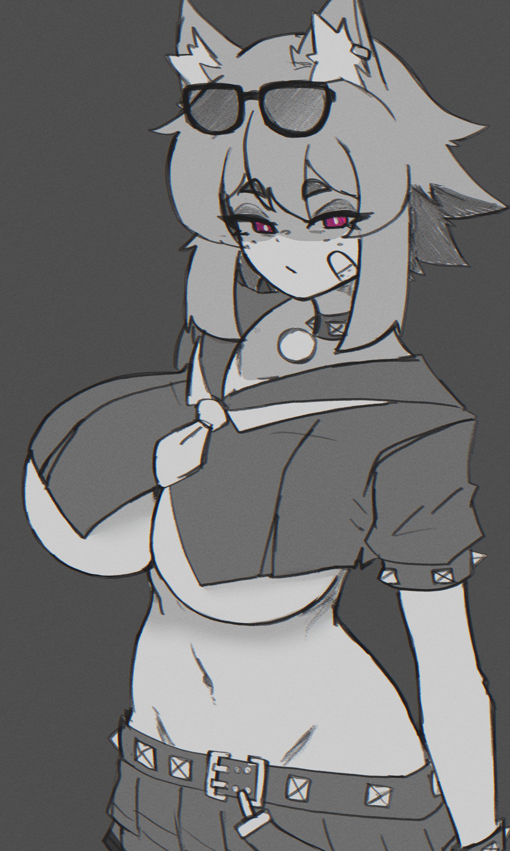doce, xiao (docecaedrus), original, absurdres, highres, 1girl, animal ear fluff, animal ears, bandaid, bandaid on face, belt, bracelet, breasts, cat ears, cat girl, closed mouth, cowboy shot, crop top, ear piercing, female focus, freckles, greyscale, half-closed eyes, large breasts, looking at viewer, midriff, monochrome, navel, piercing, pink eyes, short hair, skirt, solo, studded armlet, studded belt, studded bracelet, studded choker, sunglasses on head, underboob