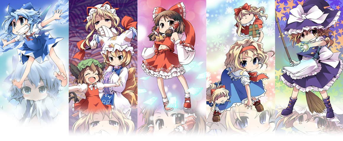 ham (points), alice margatroid, chen, cirno, hakurei reimu, kirisame marisa, shanghai doll, yakumo ran, yakumo yukari, touhou, 6+girls, :>, animal ears, animal hat, barefoot, blonde hair, blue eyes, blue hair, book, bow, braid, broom, brown hair, cat ears, cat tail, detached sleeves, doll, feet, fox tail, gap (touhou), grin, hairband, hands in opposite sleeves, hat, japanese clothes, long hair, long sleeves, miko, mob cap, multiple girls, multiple tails, puffy short sleeves, puffy sleeves, shoes, short hair, short sleeves, smile, socks, tail, tassel, wide sleeves, wings, witch, witch hat, yellow eyes
