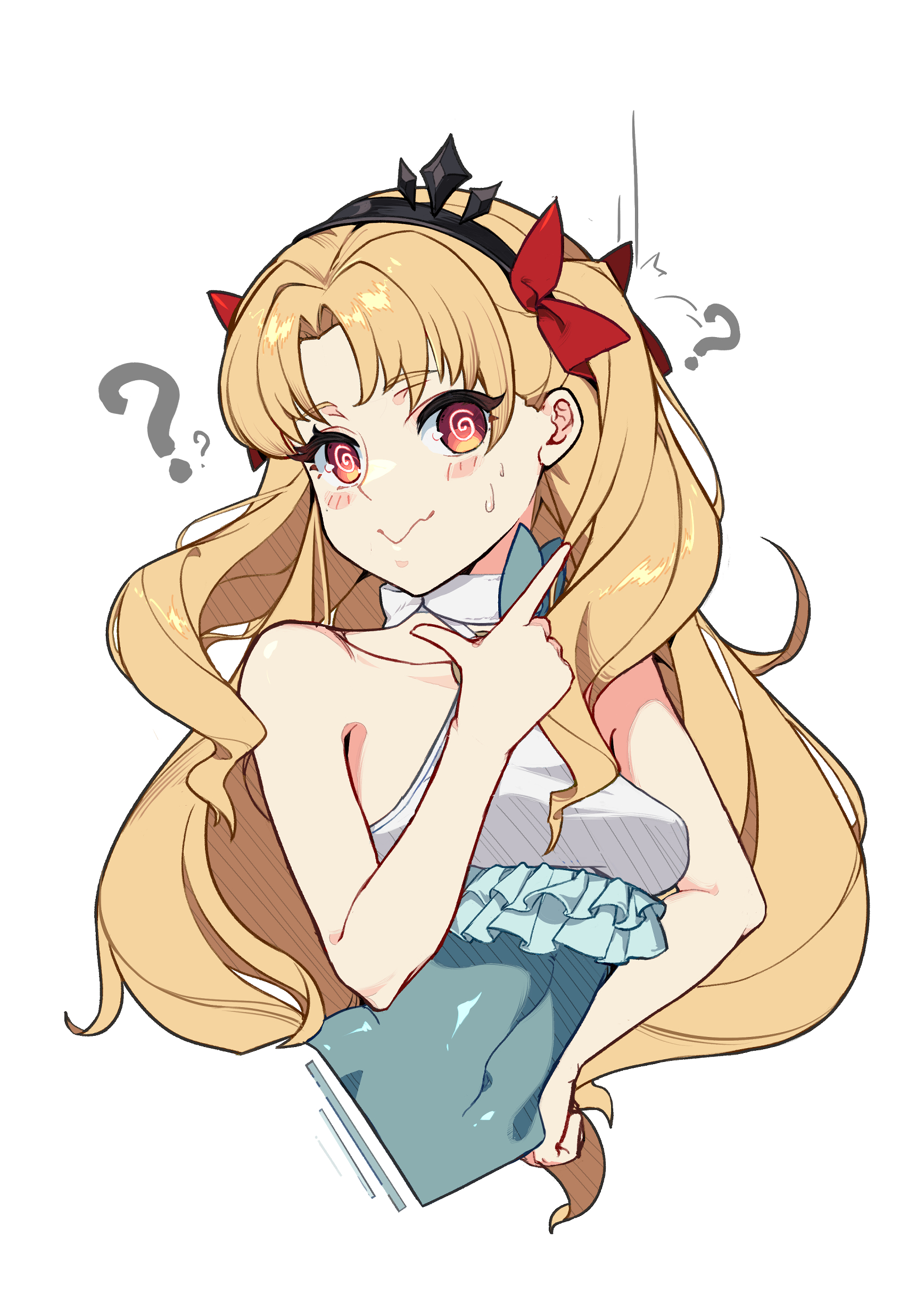 98ysx, ereshkigal (fate), ereshkigal (swimsuit beast) (fate), fate/grand order, fate (series), absurdres, commentary request, highres, 1girl, @ @, bare shoulders, black hairband, blonde hair, blue one-piece swimsuit, blush stickers, bow, breasts, casual one-piece swimsuit, closed mouth, collarbone, covered navel, cropped torso, hair bow, hairband, halterneck, hand on own hip, long hair, looking at viewer, nervous smile, one-piece swimsuit, parted bangs, red bow, red eyes, simple background, small breasts, smile, solo, swimsuit, two side up, upper body, very long hair, white background