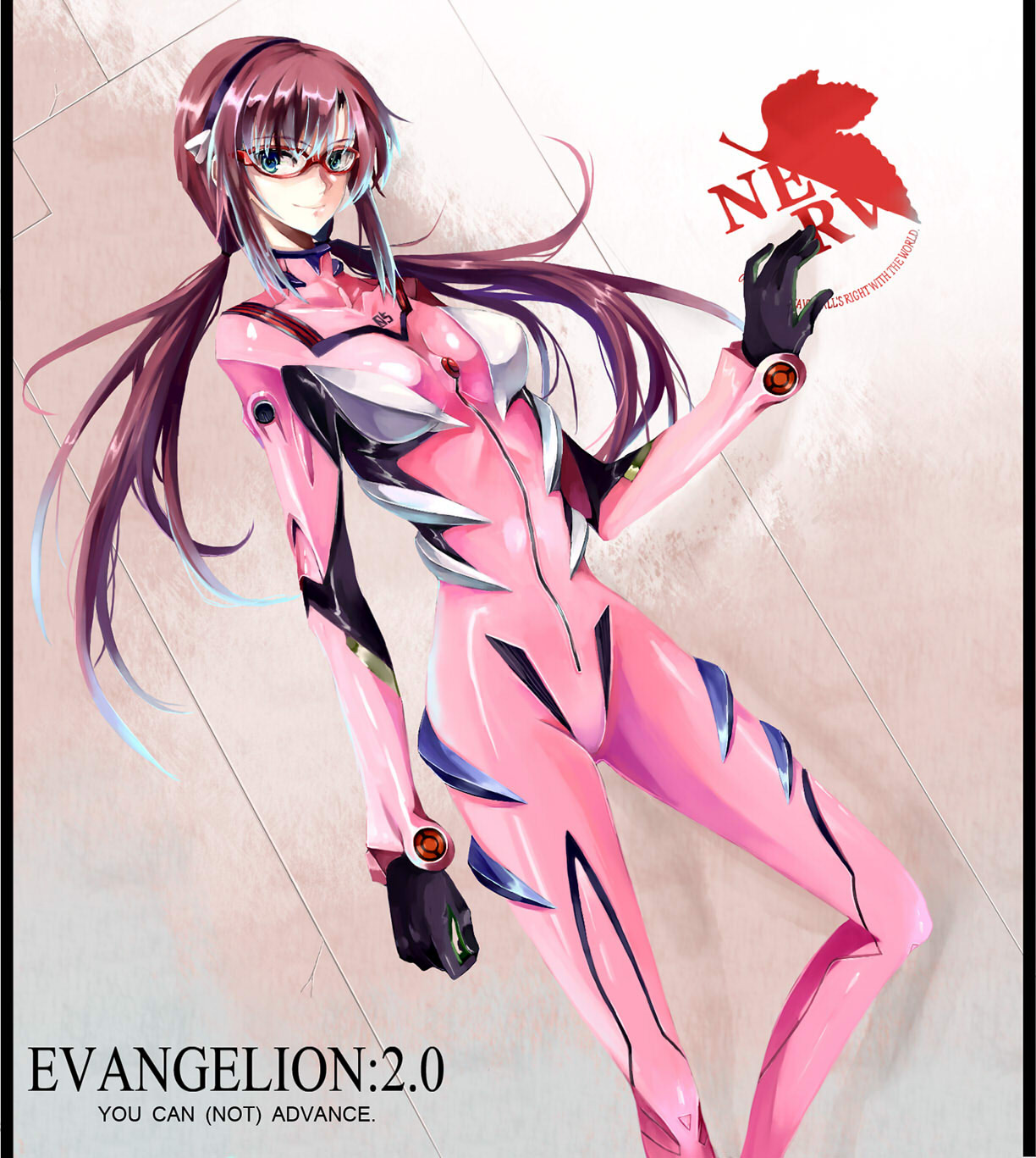 nako, nako (nonrain), makinami mari illustrious, evangelion: 2.0 you can (not) advance, neon genesis evangelion, rebuild of evangelion, bad id, bad pixiv id, highres, 00s, 1girl, blue eyes, breasts, brown hair, female focus, glasses, long hair, mecha pilot suit, nerv, plugsuit (evangelion), smile, solo, twintails