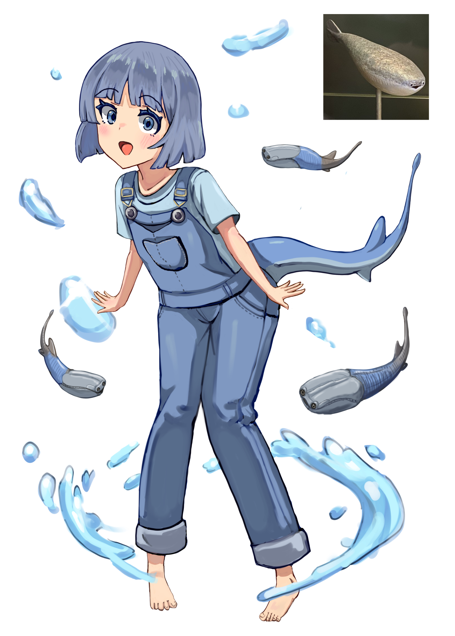 maru ko, original, commentary request, highres, 1girl, barefoot, blue eyes, blue overalls, blue shirt, blush, denim overalls, fins, fish, fish girl, fish tail, humanization, leaning forward, monster girl, open mouth, overalls, parted bangs, reference inset, sacabambaspis, shirt, short hair, short sleeves, solo, splashing, tail, toes, water