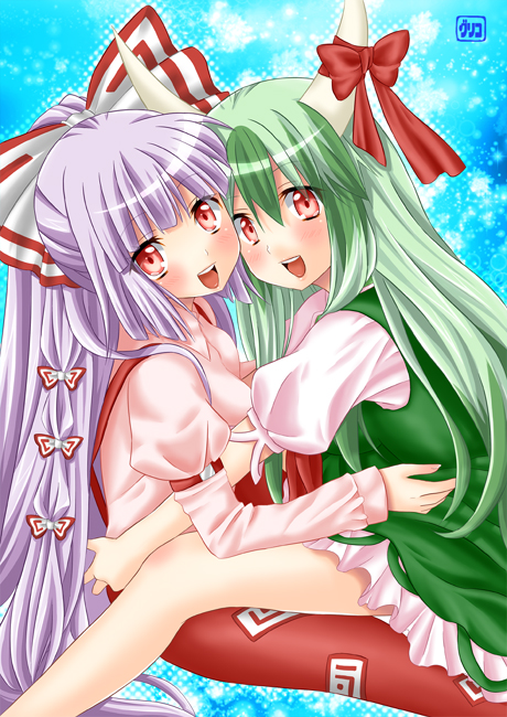 pengin guriko, ex-keine, fujiwara no mokou, kamishirasawa keine, touhou, silver hair, 2girls, female focus, green hair, hair ribbon, horns, long hair, multiple girls, red eyes, ribbon