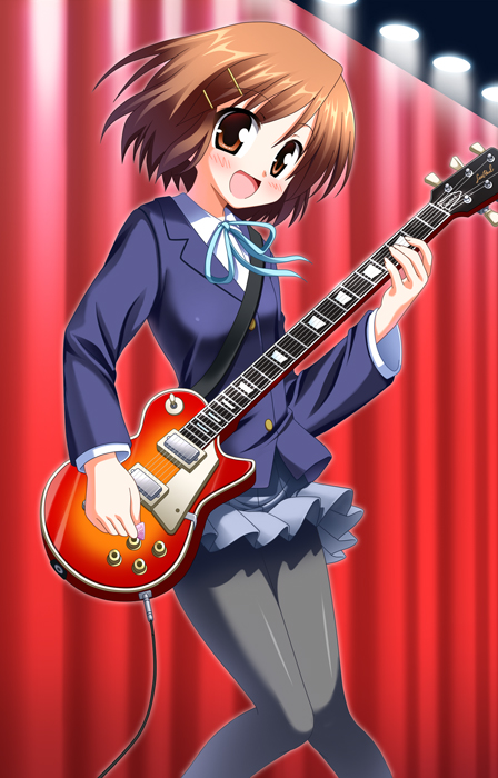 hinata keiichi, hirasawa yui, k-on!, 00s, 1girl, brown eyes, brown hair, cable, curtains, female focus, gibson les paul, guitar, hair ornament, hairclip, instrument, open mouth, pantyhose, school uniform, short hair, solo, stage