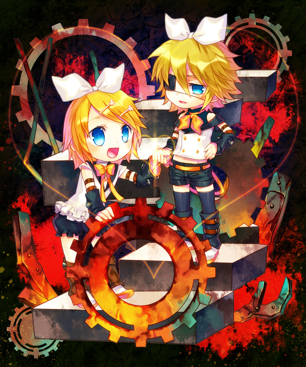 renta, renta (deja-vu), kagamine rin, neji to haguruma to pride (vocaloid), vocaloid, bad id, bad pixiv id, highres, 2girls, blonde hair, blue eyes, dual persona, eyepatch, gears, multiple girls