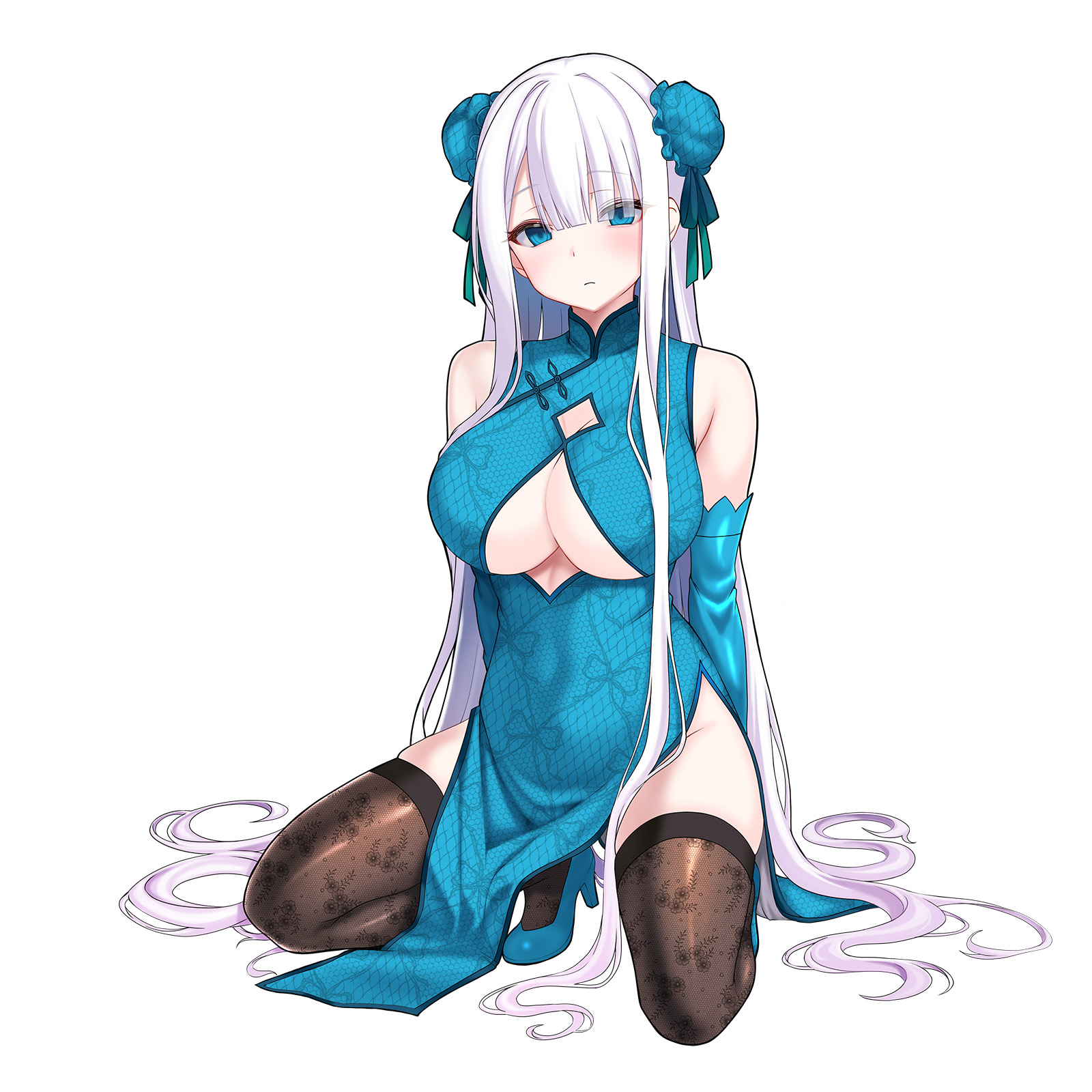 okuri banto, original, commentary request, highres, 1girl, arms behind back, bare shoulders, blue dress, blue eyes, blue shoes, blush, breasts, brown thighhighs, bun cover, china dress, chinese clothes, closed mouth, clothing cutout, detached sleeves, double bun, dress, eyes visible through hair, floral print, full body, hair bun, high heels, kneeling, large breasts, long hair, long sleeves, looking at viewer, pelvic curtain, print thighhighs, shoes, simple background, solo, thighhighs, underboob, underboob cutout, very long hair, white background, white hair