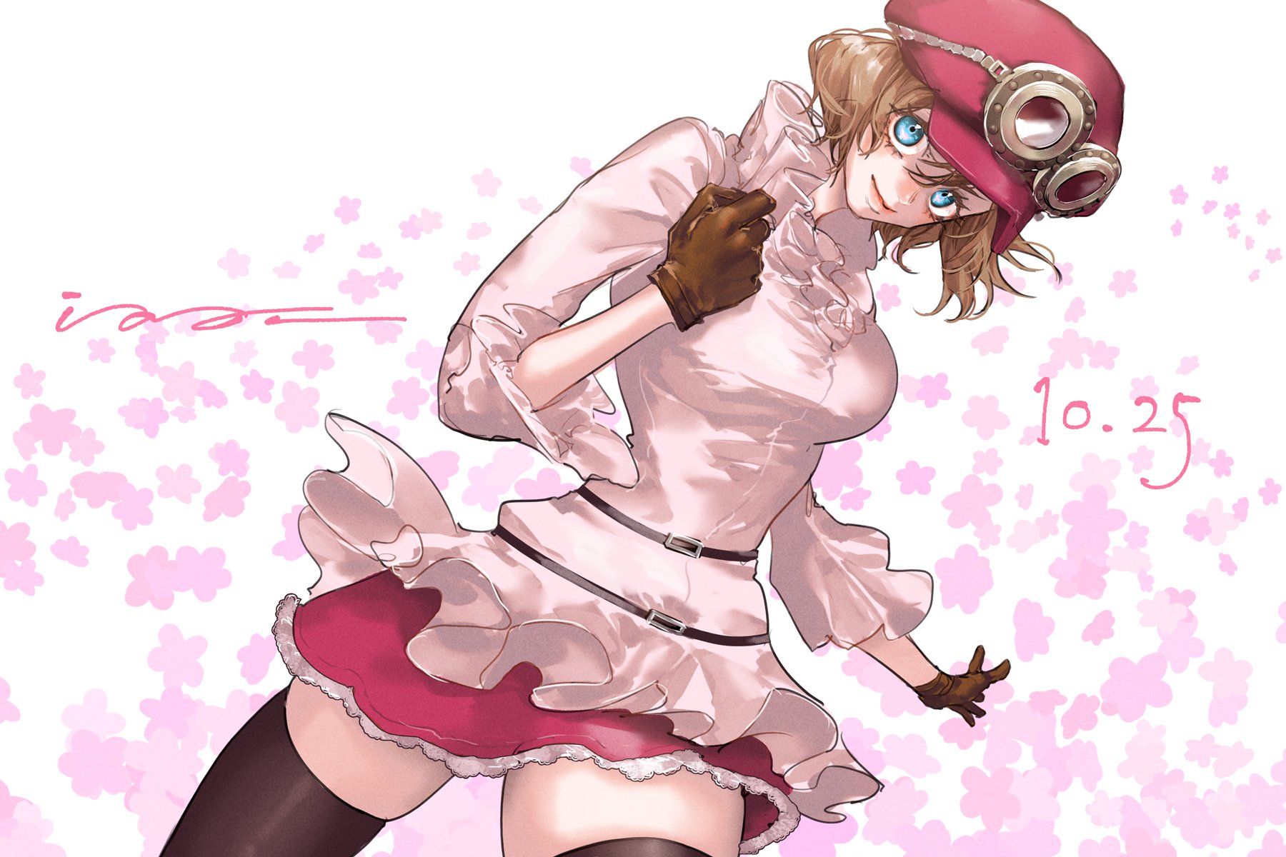 koala (one piece), one piece, highres, 1girl, black thighhighs, blue eyes, brown gloves, clenched hand, dated, dutch angle, frilled shirt, frills, gloves, goggles, goggles on headwear, hair between eyes, hat, pink shirt, pink skirt, shirt, short hair, skirt, smile, solo, thighhighs, yuzuru (kasou)