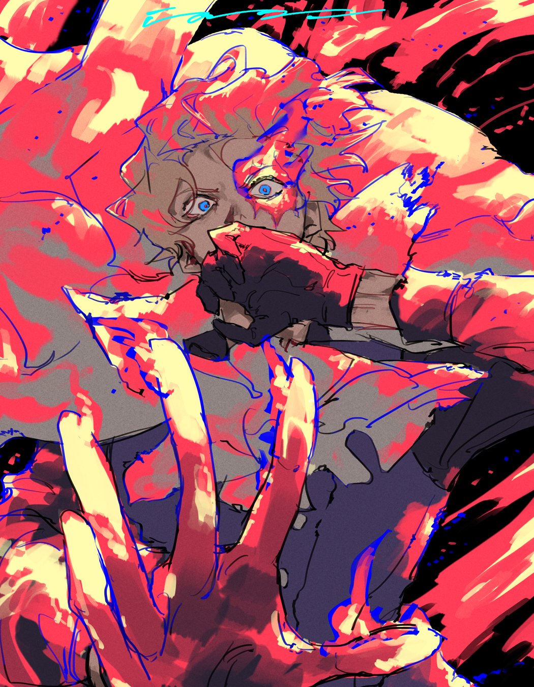 sabo (one piece), one piece, commentary, highres, 1boy, blonde hair, blue eyes, blue vest, covering own mouth, fire, floating clothes, gloves, looking at viewer, male focus, scar, scar on face, short hair, solo, vest, yuzuru (kasou)