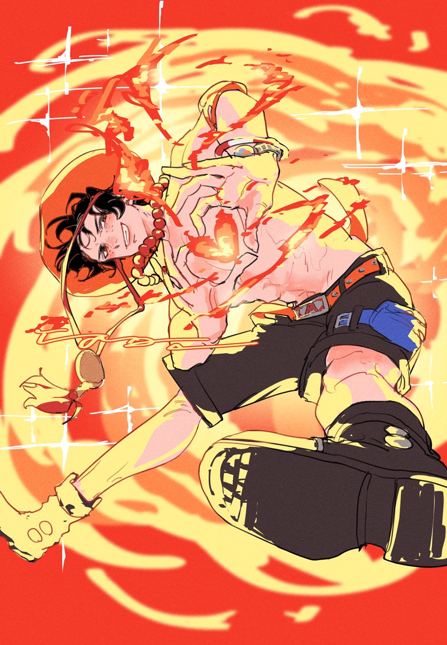portgas d. ace, one piece, commentary, highres, 1boy, belt, black hair, black shirt, boots, bracelet, fire, freckles, hat, heart, heart hands, jewelry, log pose, male focus, necklace, orange hat, pearl necklace, pouch, shirt, short hair, smile, solo, sparkle, thigh pouch, topless male, yuzuru (kasou)