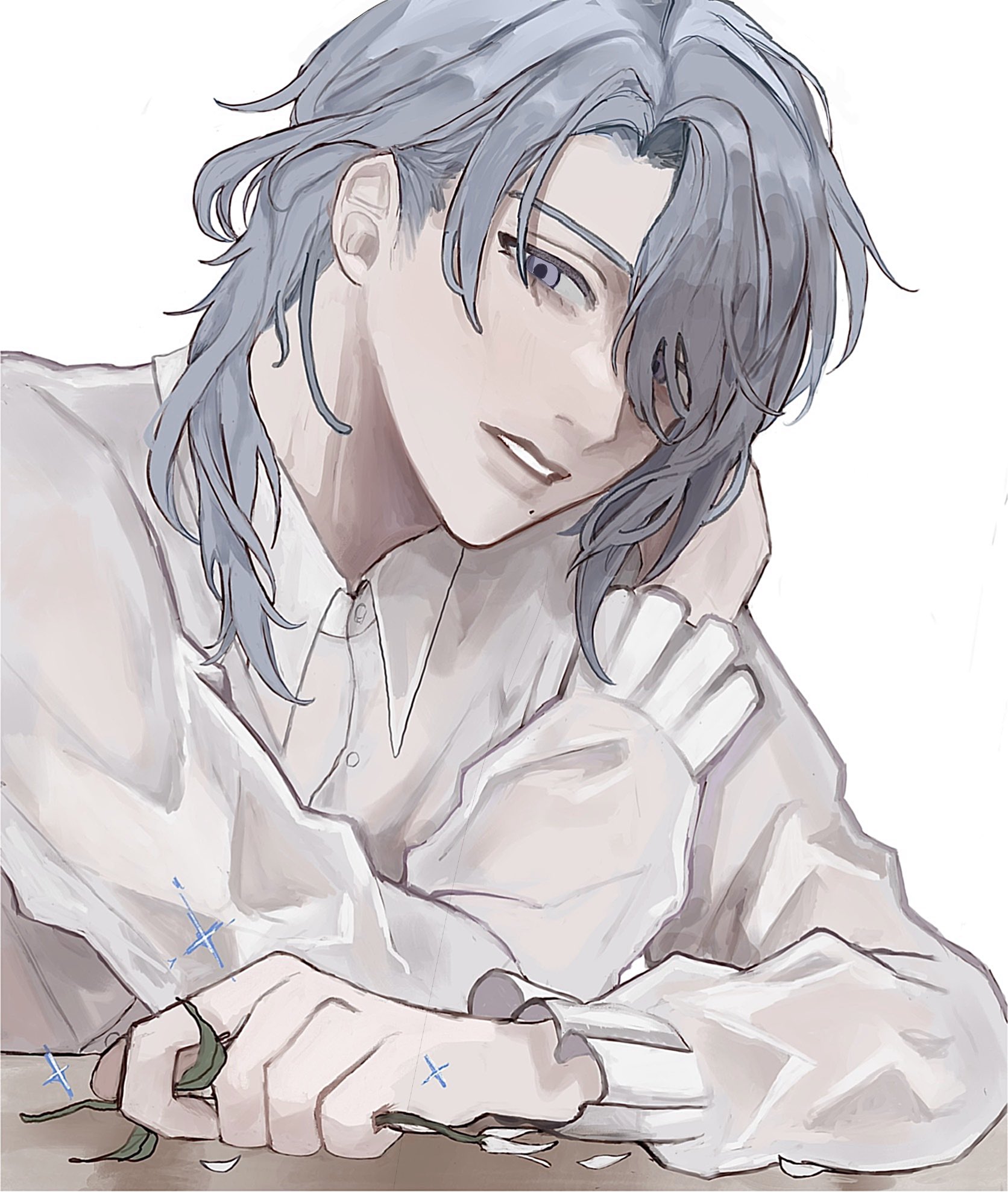 kamisato ayato, genshin impact, commentary request, highres, 1boy, alternate costume, asymmetrical hair, blue hair, collared shirt, curtained hair, flower, hair behind ear, hair over one eye, hair over shoulder, hand on own shoulder, hand up, holding, holding flower, long sleeves, looking at viewer, male focus, medium hair, mole, mole under mouth, morumottocute, parted bangs, parted lips, petals, purple eyes, shirt, simple background, solo, upper body, white background, white flower, white shirt