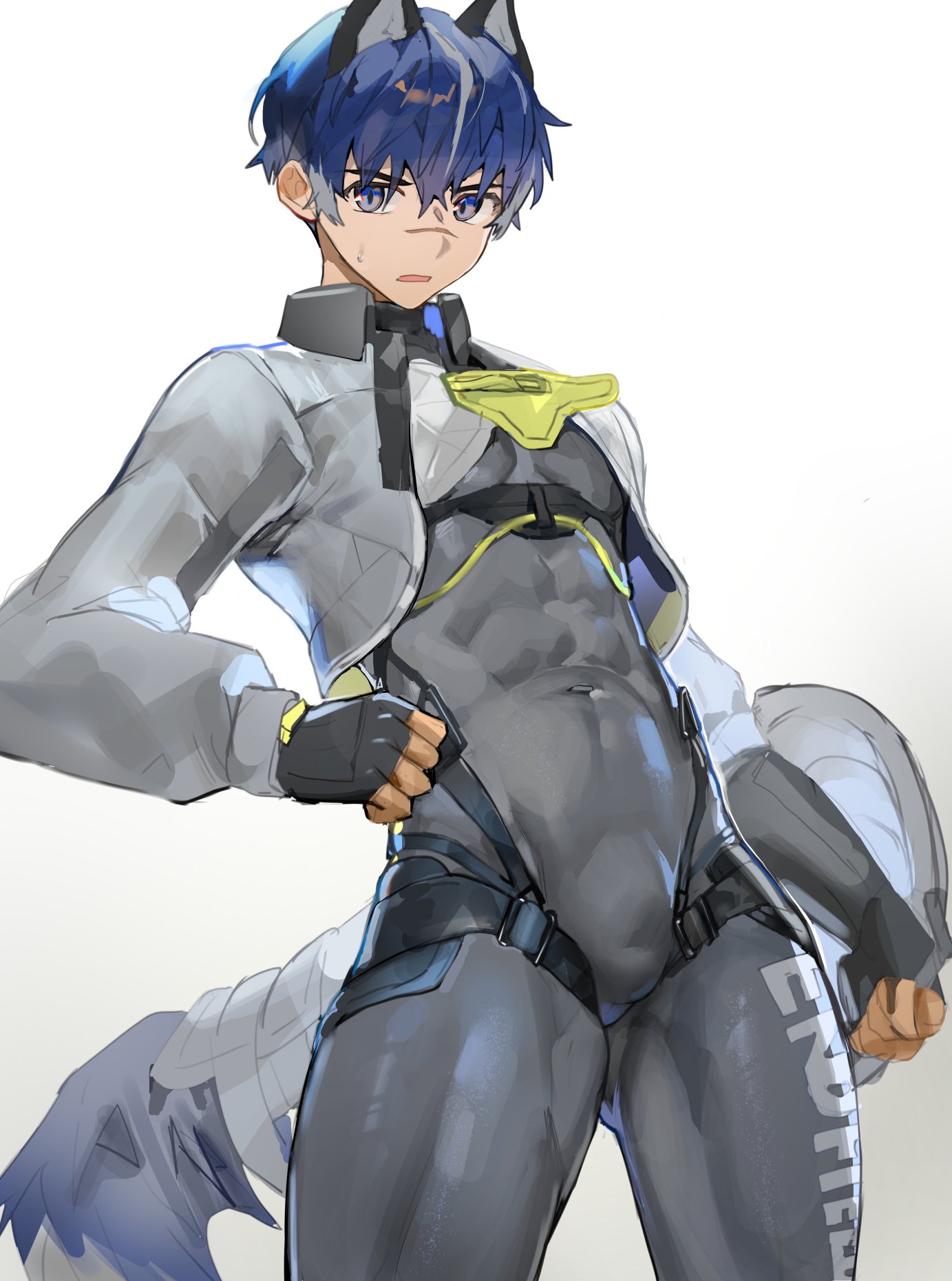 itsme takk, arknights, arknights: endfield, commentary, english commentary, highres, 1boy, abs, animal ears, bodysuit, bulge, catcher (arknights), dog boy, dog ears, dog tail, fingerless gloves, gloves, grey bodysuit, looking at viewer, male focus, multicolored hair, navel, scar, scar on face, scar on nose, skin tight, streaked hair, sweatdrop, tail, toned, toned male, white background