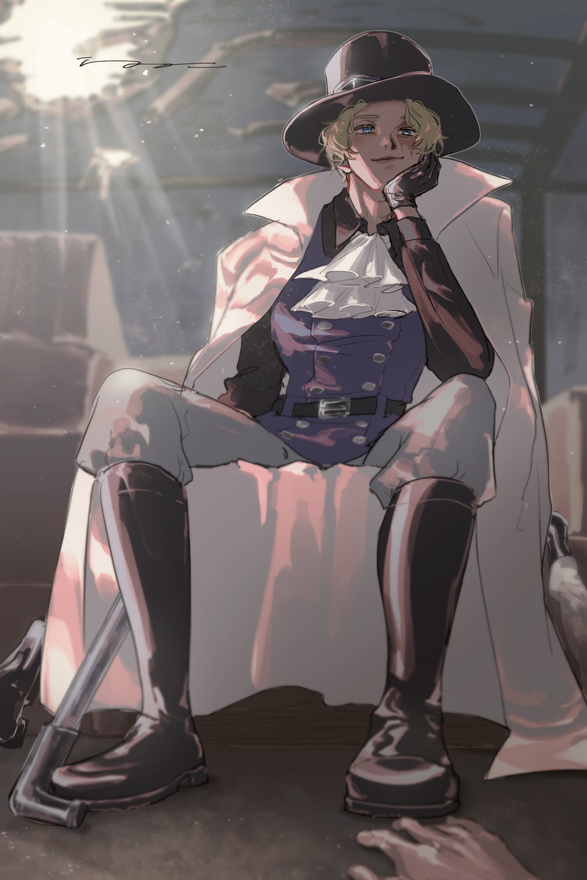 sabo (one piece), one piece, highres, 1boy, ascot, black boots, black hat, black shirt, blonde hair, blue eyes, boots, closed mouth, collared shirt, full body, hat, head rest, male focus, scar, scar on face, shirt, short hair, sitting, solo, white ascot, yuzuru (kasou)