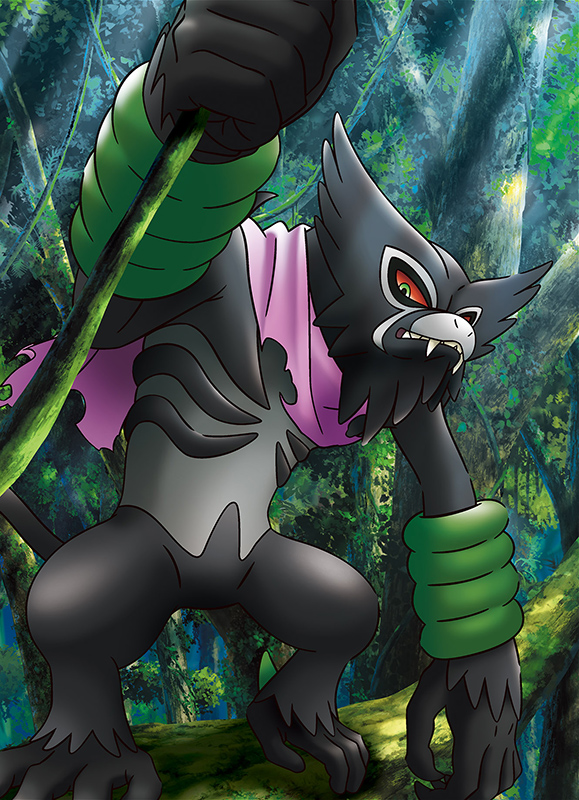 zarude, zarude (dada), nintendo, pokemon, pokemon (anime), pokemon the movie: secrets of the jungle, artist request, official art, third-party source, colored sclera, fangs, gen 8 pokemon, green eyes, in tree, moss, mythical pokemon, nostrils, plant, pokemon (creature), pokemon focus, purple scarf, red sclera, scarf, solo, standing, teeth, torn clothes, torn scarf, tree, vines