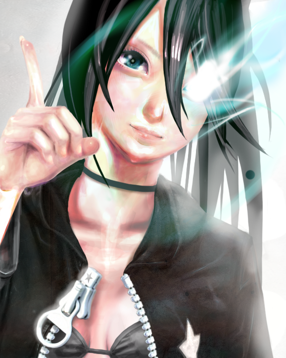 aburisamon, black rock shooter (character), black rock shooter, bad id, bad pixiv id, 10s, 1girl, choker, female focus, hair over one eye, solo, swimsuit