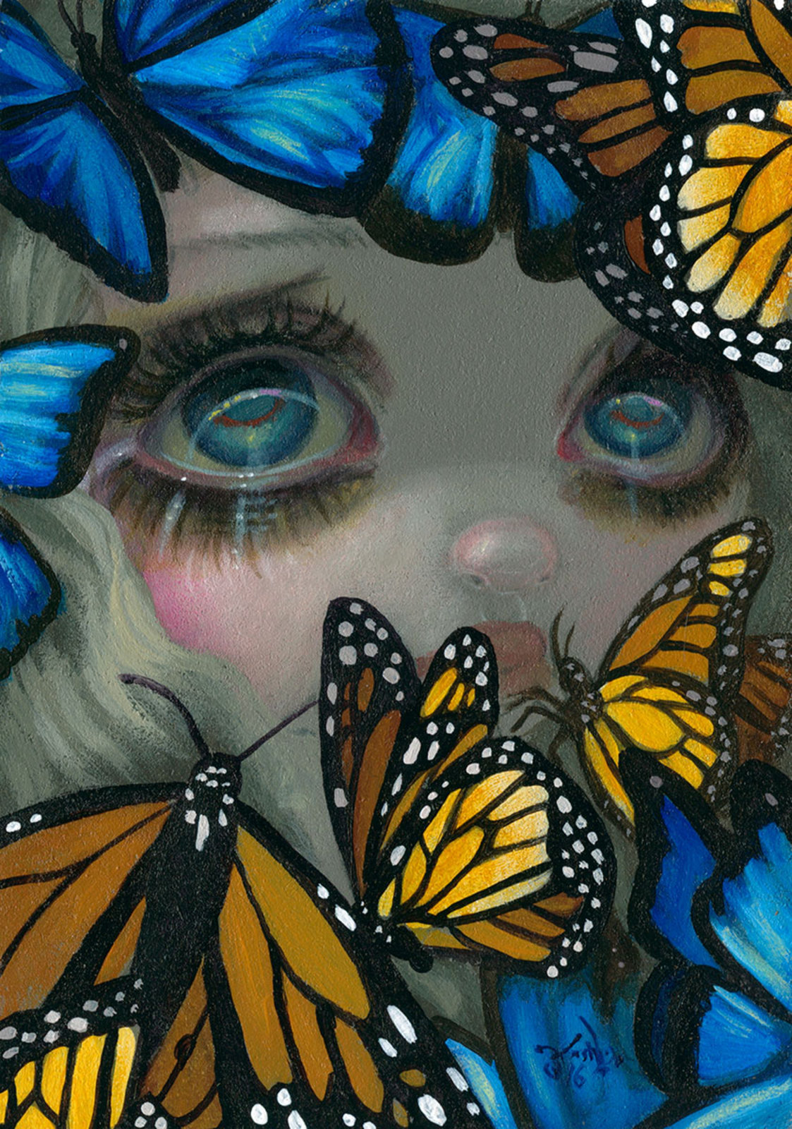 original, commentary, english commentary, highres, painting (medium), traditional media, 1girl, blonde hair, blue eyes, blush, bug, butterfly, close-up, eyelashes, insect, jasmine becket-griffith, lips, makeup, pale skin, philtrum, ringed eyes, round nose, solo, wavy hair