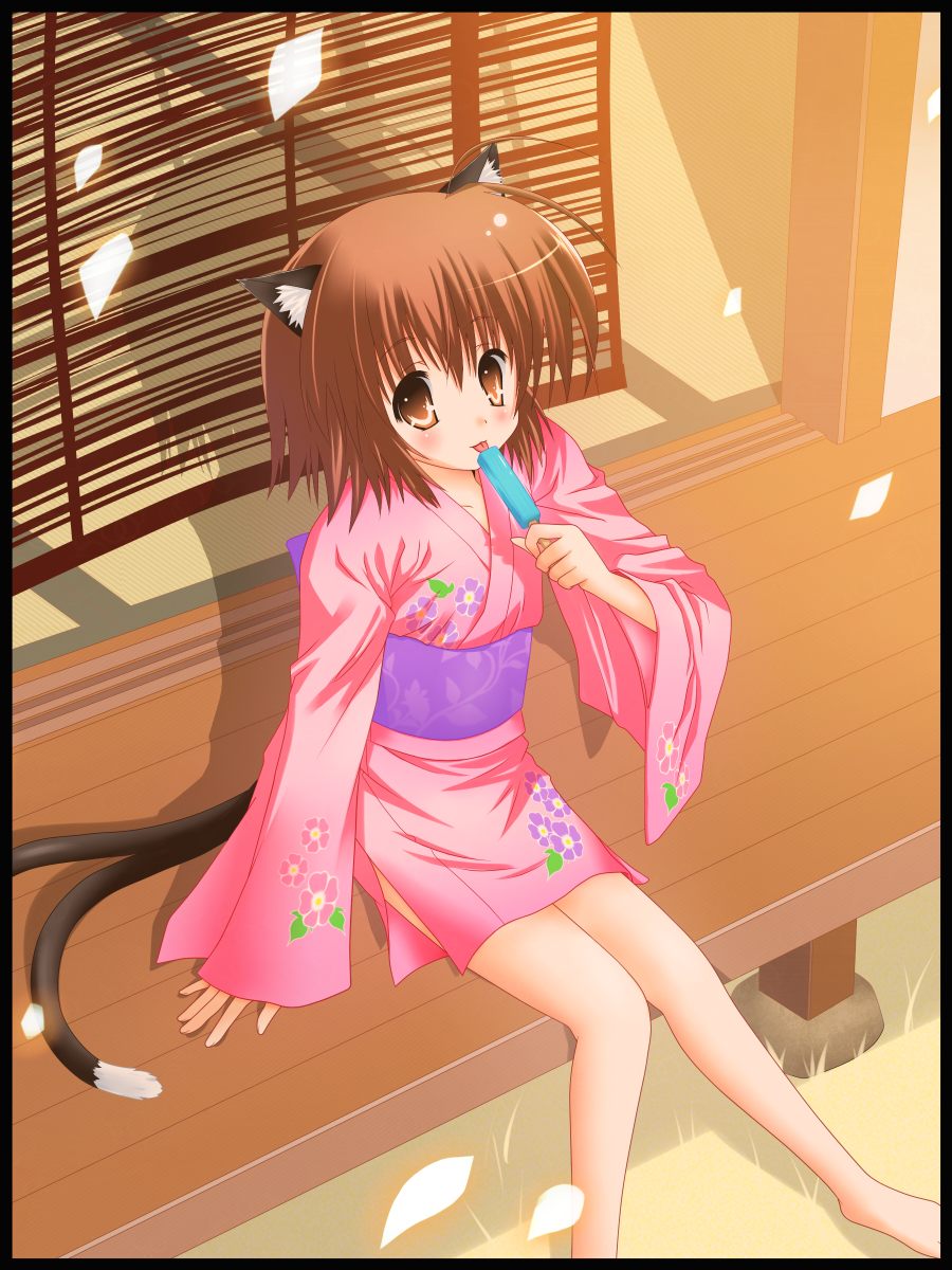 ryuma, chen, touhou, bad id, bad pixiv id, highres, 1girl, :p, ahoge, blush, brown eyes, brown hair, female focus, flat chest, flower, food, japanese clothes, kimono, licking, multiple tails, outdoors, petals, pink kimono, popsicle, short hair, sitting, solo, tail, tongue, tongue out, yukata