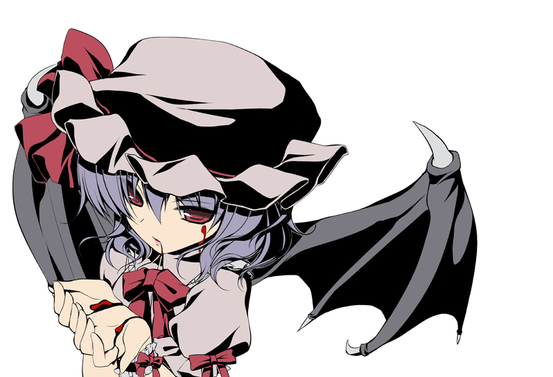 kino konomi, konomi (kino konomi), remilia scarlet, team shanghai alice, touhou, bad id, bad pixiv id, 1girl, blood, blood from mouth, blood on hands, bloody tears, bow, bowtie, cupping hands, female focus, from above, grey hair, hands up, hat, mob cap, own hands together, parted lips, puffy short sleeves, puffy sleeves, red bow, red bowtie, red eyes, short sleeves, simple background, solo, upper body, white background, wings