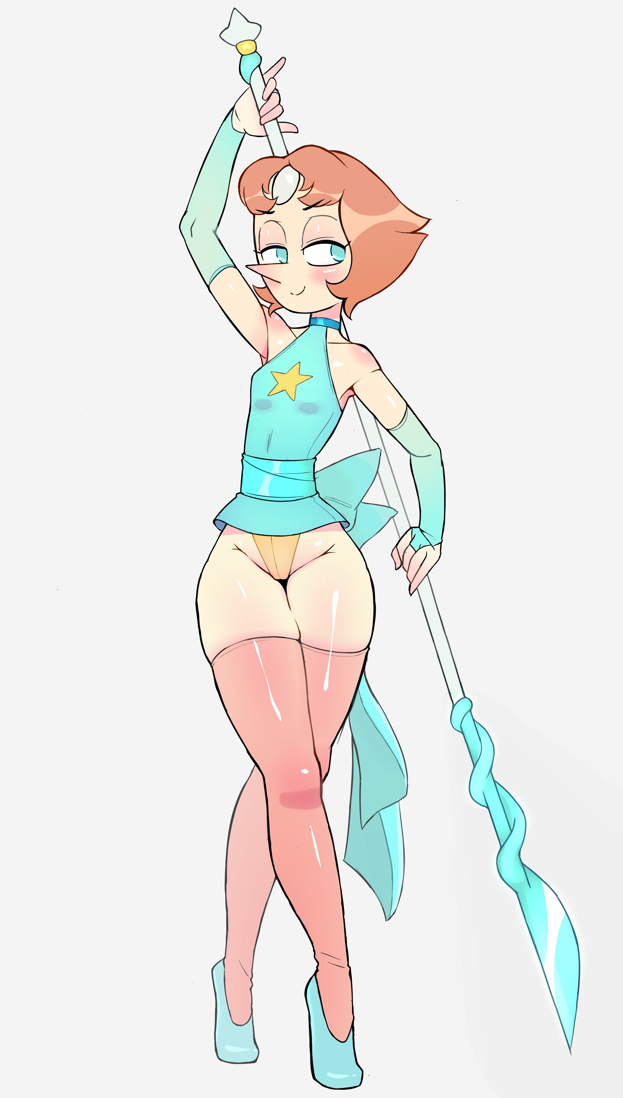 rukisan(pixiv), pearl (steven universe), steven universe, absurdres, commentary, english commentary, highres, 1girl, blonde hair, blue eyes, blush, forehead jewel, gem, holding, holding polearm, holding weapon, lance, looking to the side, medium hair, miniskirt, pearl (gemstone), pointy nose, polearm, simple background, skirt, smile, solo, star (symbol), thick thighs, thighhighs, thighs, weapon, white background, wide hips