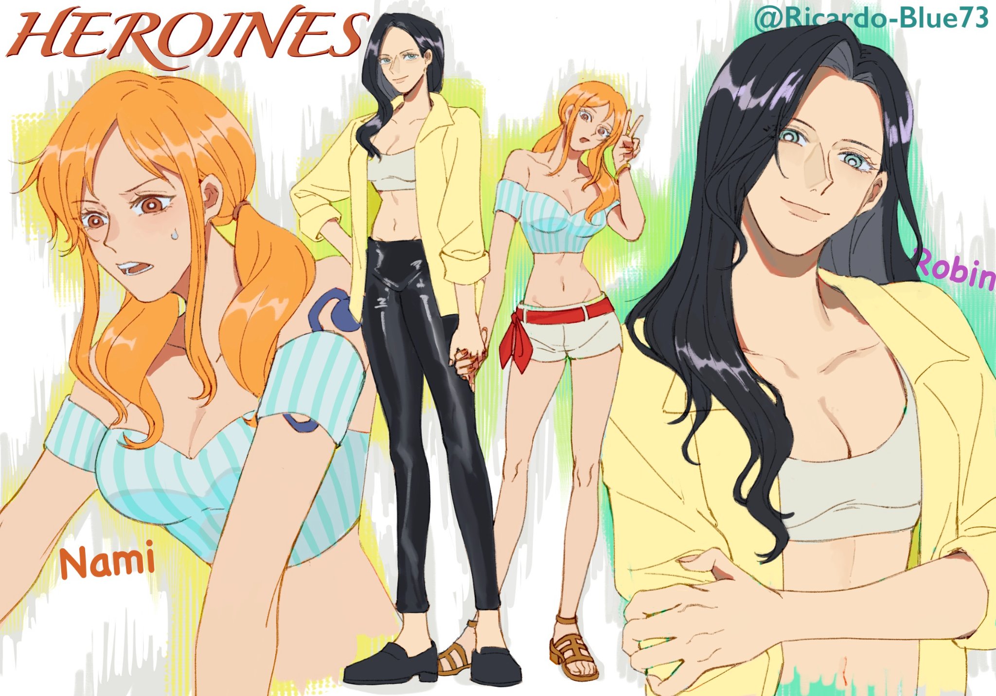 yoki (ricardo blue73), nami (one piece), nico robin, one piece, commentary, english commentary, highres, 2girls, arm tattoo, black hair, black pants, black shoes, blue eyes, bra, breasts, character name, crop top, holding hands, jacket, long hair, looking at viewer, midriff, multiple girls, orange eyes, orange hair, pants, shoes, shorts, sidelocks, smile, sweatdrop, tattoo, twintails, twitter username, underwear, v, yellow jacket