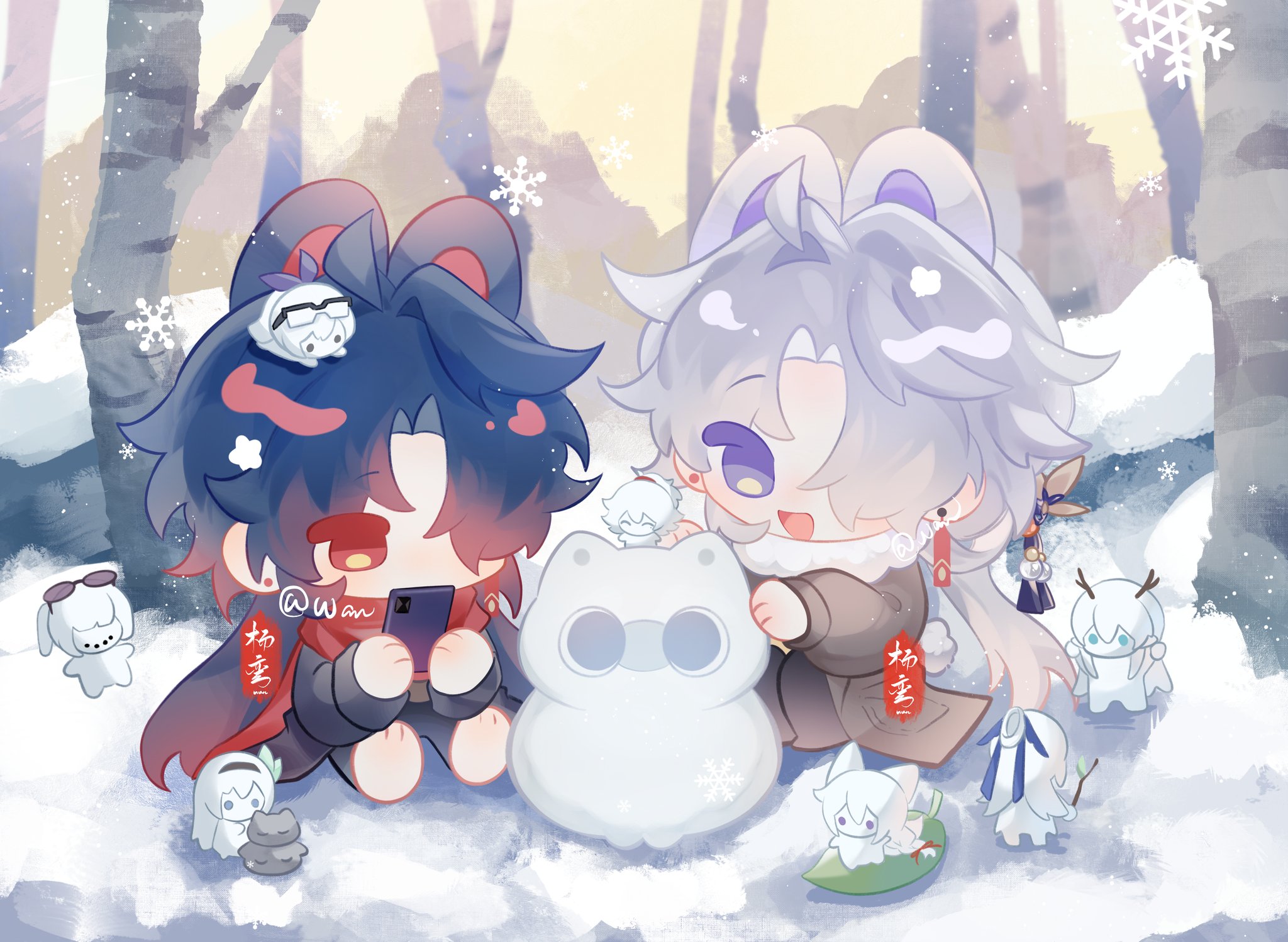 blade (honkai: star rail), yingxing (honkai: star rail), honkai: star rail, honkai (series), chinese commentary, highres, 2boys, bare tree, chibi, coat, cv3zlcscjooth5l, multiple boys, open mouth, snow, snow on head, snowing, snowman, tree, watermark, winter, winter clothes, winter coat