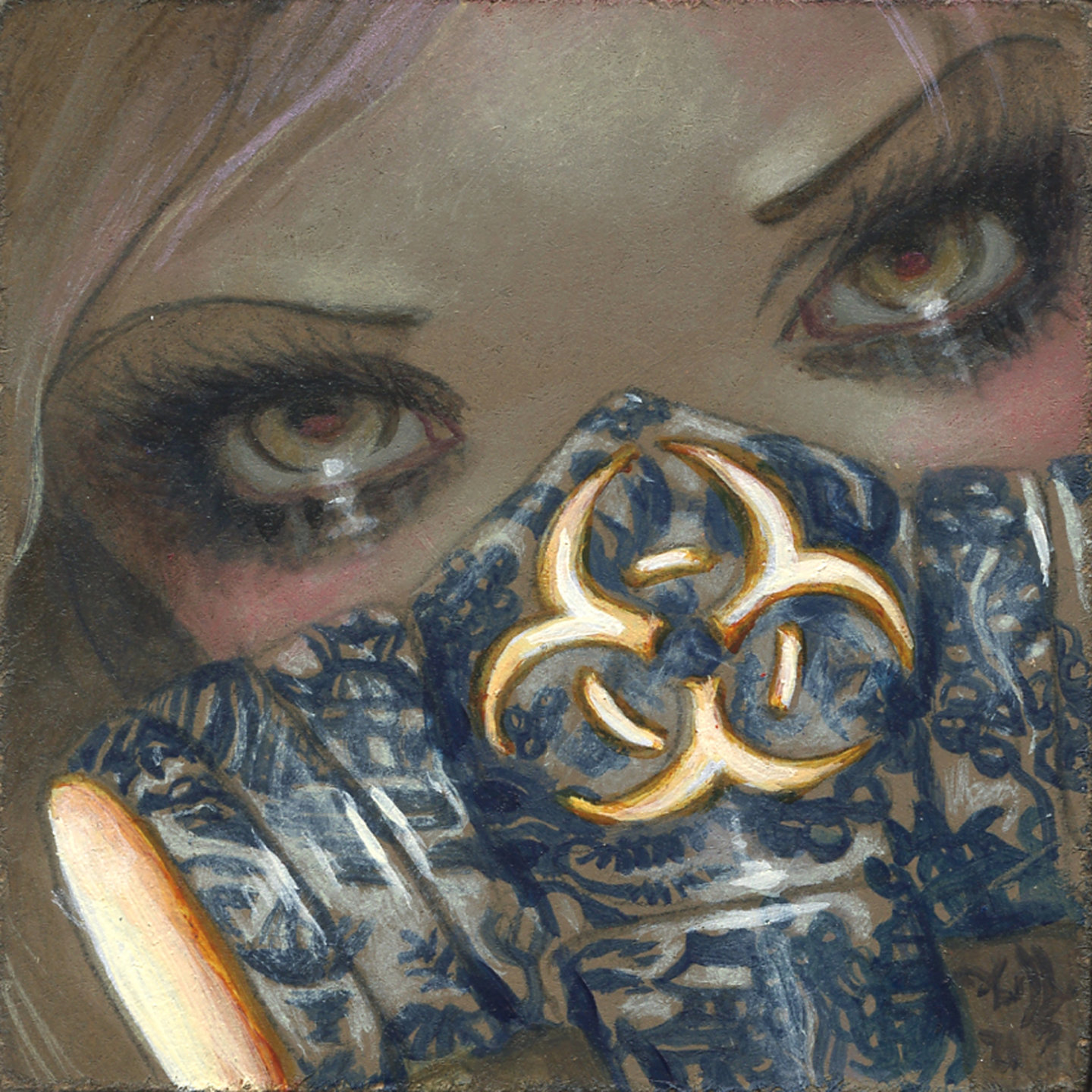 original, highres, painting (medium), traditional media, 1girl, blonde hair, blush, close-up, eye focus, eyelashes, eyeshadow, gas mask, jasmine becket-griffith, looking at viewer, makeup, mask, mouth mask, red pupils, solo, yellow eyes