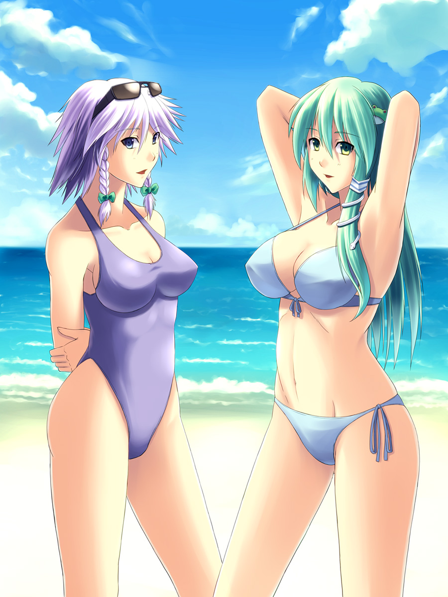 higasa (tamago-kake-gohan), tamago kake gohan, izayoi sakuya, kochiya sanae, touhou, light purple hair, bad id, bad pixiv id, highres, 2girls, armpits, arms behind back, arms behind head, arms up, beach, bikini, blue eyes, braid, breasts, cleavage, day, female focus, green eyes, green hair, large breasts, long hair, multiple girls, one-piece swimsuit, outdoors, purple hair, side-tie bikini bottom, snake, sunglasses, swimsuit, twin braids, water