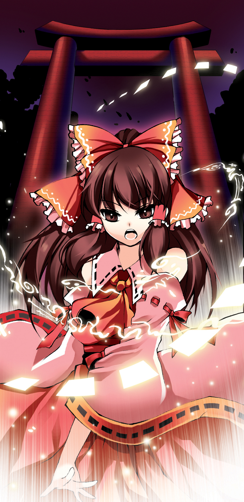 roh nam kyung, hakurei reimu, touhou, bad id, bad pixiv id, highres, 1girl, bow, brown hair, detached sleeves, female focus, japanese clothes, long hair, miko, solo, torii