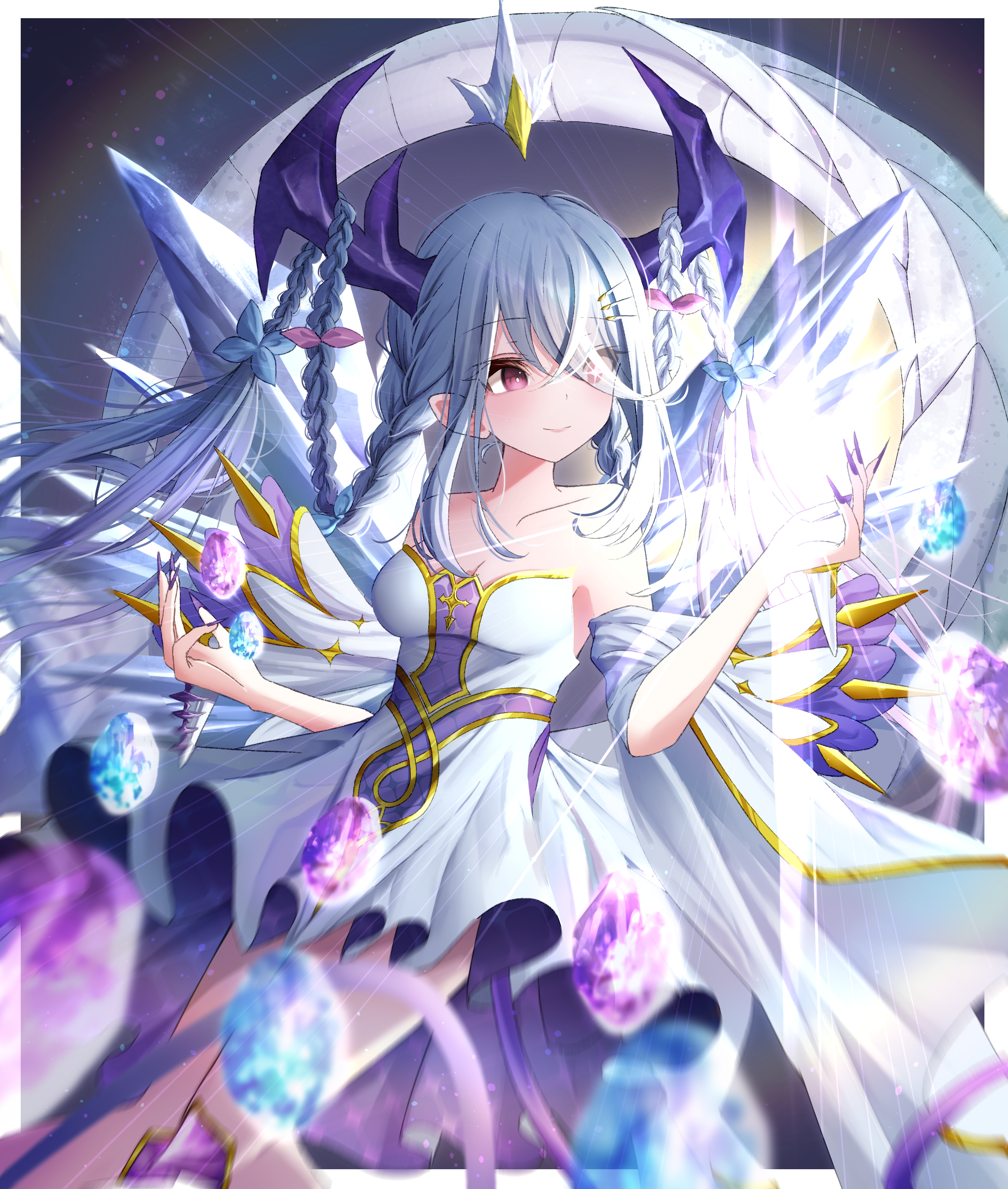 pdnt, duel masters, absurdres, commentary request, highres, 1girl, bare shoulders, blue bow, blue gemstone, border, bow, braid, breasts, closed mouth, crystal, cyclepedia (duel masters), dragon girl, dragon horns, dragon tail, dress, eyes visible through hair, gem, gold trim, hair between eyes, hair bow, hair on horn, hair ornament, hair over one eye, hairclip, horns, long hair, medium breasts, multicolored dress, off-shoulder dress, off shoulder, outside border, pink bow, purple dress, purple eyes, purple gemstone, purple horns, purple nails, solo, tail, twin braids, white border, white dress, white tail