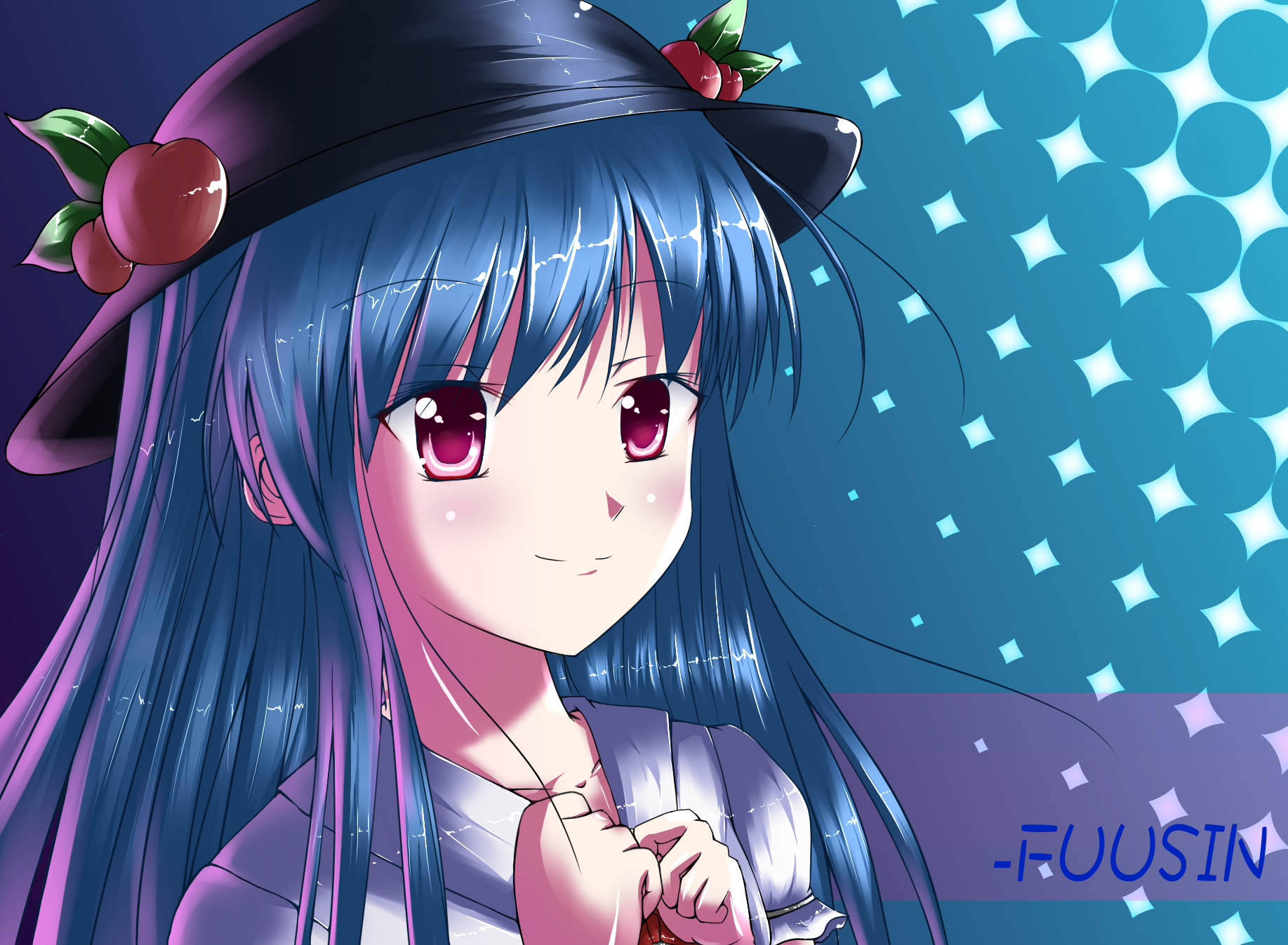 akimoto, akimoto (pixiv), hinanawi tenshi, touhou, highres, 1girl, blue hair, female focus, purple eyes, solo