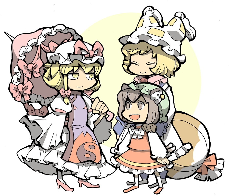 hounori, chen, yakumo ran, yakumo yukari, touhou, bad id, bad pixiv id, 3girls, animal ears, animal hat, blonde hair, brown hair, cat ears, cat girl, cat tail, closed eyes, dress, earrings, female focus, fox tail, hat, hat ribbon, high heels, holding, holding umbrella, jewelry, long sleeves, mob cap, multiple girls, multiple tails, open mouth, ribbon, shoes, short hair, single earring, socks, tail, tassel, umbrella, wide sleeves, yellow eyes, yin yang