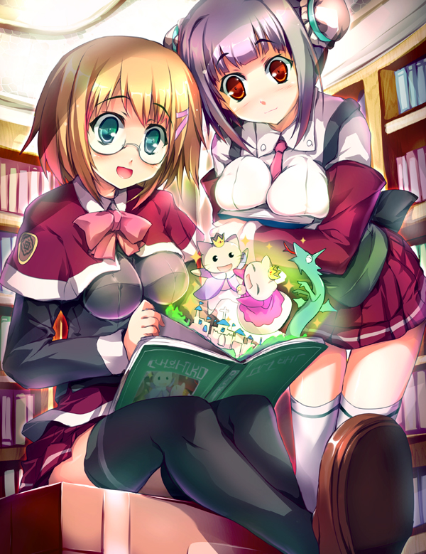 kashi, original, 2girls, book, bookshelf, breast press, breasts, bun cover, cat, double bun, dragon, glasses, large breasts, multiple girls, sitting, thighhighs, zettai ryouiki