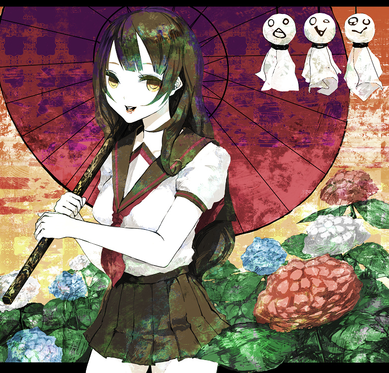 kunimura hakushi, original, bad id, bad pixiv id, 1girl, black hair, black thighhighs, brown eyes, female focus, flower, hydrangea, long hair, nature, oil-paper umbrella, orange eyes, school uniform, serafuku, smile, solo, teruterubouzu, thighhighs, umbrella