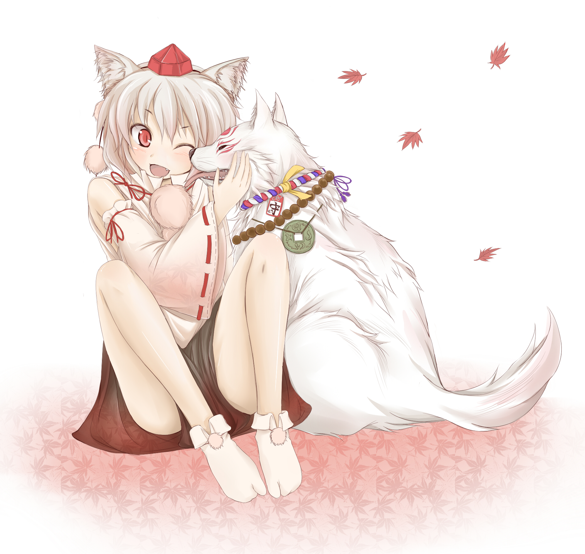 miotama, amaterasu (ookami), inubashiri momiji, ookami (game), touhou, bad id, bad pixiv id, highres, 1girl, animal ears, crossover, detached sleeves, dog, female focus, hat, one eye closed, red eyes, short hair, solo, tabi, tokin hat, white hair, wink, wolf, wolf ears