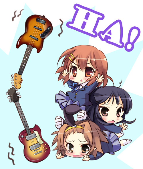 mamita, akiyama mio, hirasawa yui, tainaka ritsu, k-on!, bad id, bad pixiv id, 00s, 3girls, black hair, brown eyes, brown hair, chibi, dogpile, gibson les paul, guitar, instrument, long hair, multiple girls, pantyhose, school uniform, short hair, tears