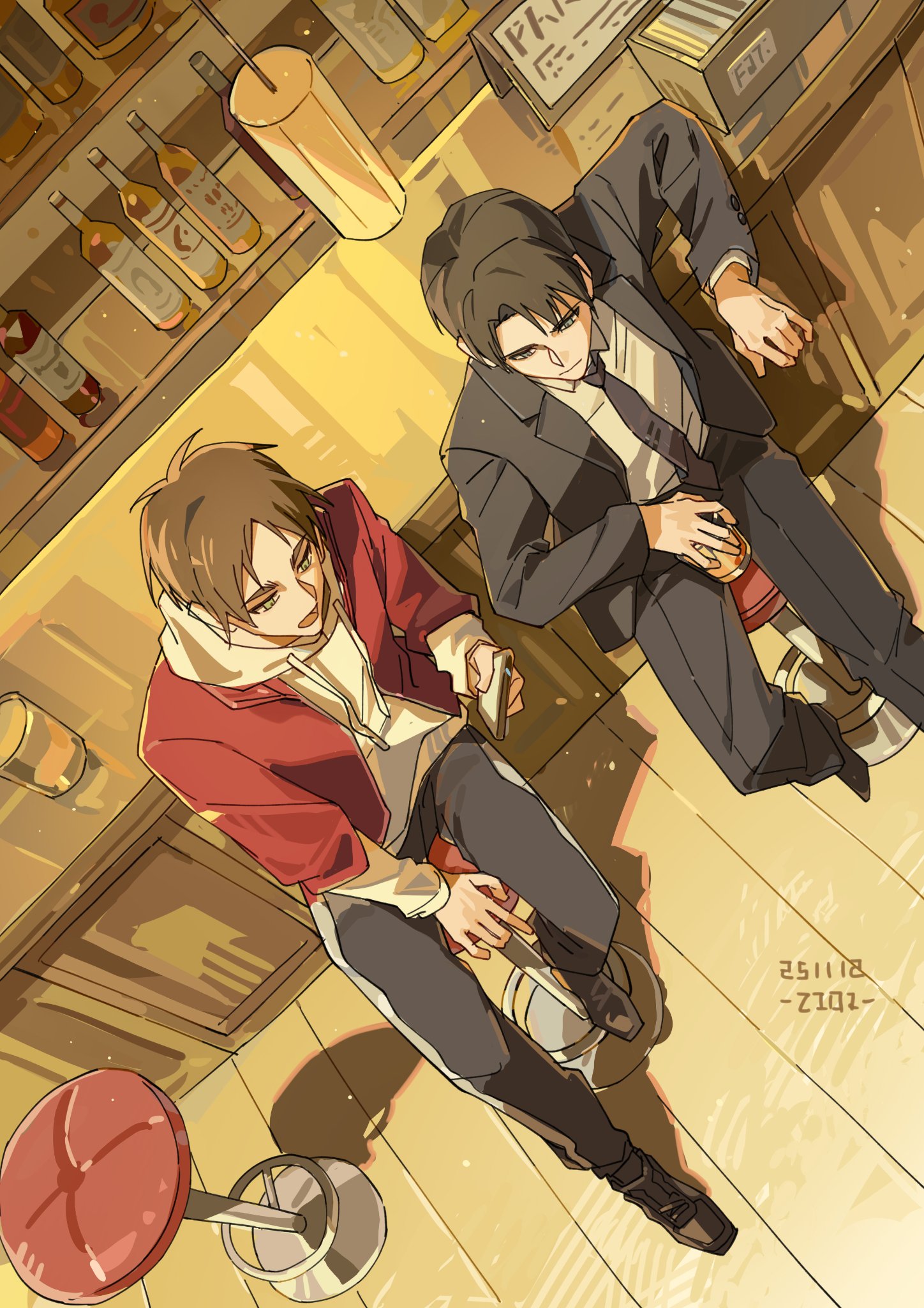 zest (kumolyy), eren yeager, levi (shingeki no kyojin), shingeki no kyojin, commentary, english commentary, highres, 2boys, bar (place), bar stool, black hair, black jacket, black necktie, black pants, black shoes, black suit, bottle, brown hair, closed mouth, collared shirt, cup, dated, formal clothes, from above, holding, holding cup, hood, hoodie, jacket, jacket over hoodie, male focus, multiple boys, necktie, open mouth, pants, parted bangs, red jacket, shirt, shoes, short hair, stool, suit, suit jacket, tavern, white hoodie, white shirt, wooden floor