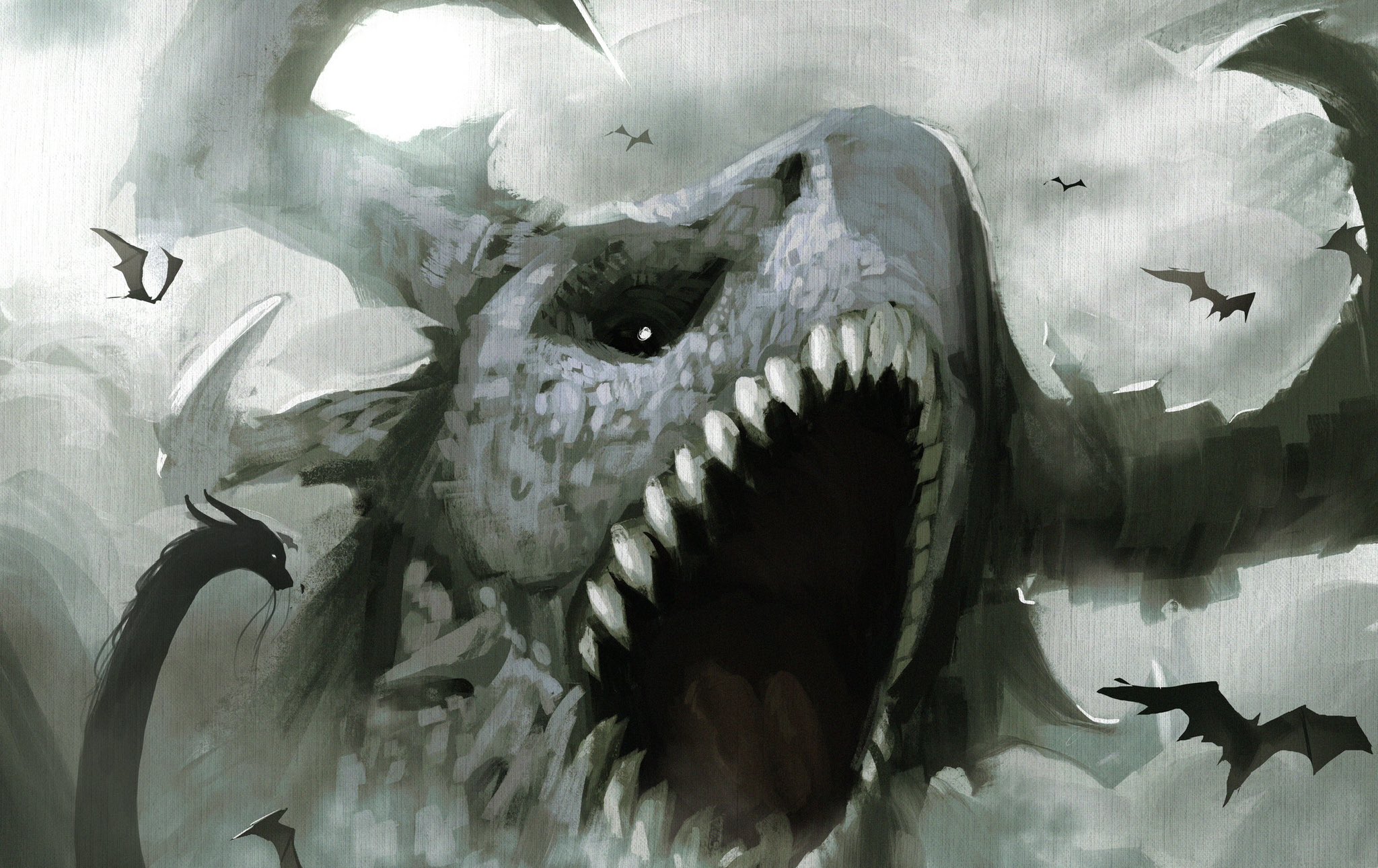 kai (shadow slave), shadow slave, commentary, english commentary, highres, spoilers, animal focus, animalization, black sclera, colored sclera, gloxartx, horns, looking at viewer, no humans, official alternate costume, open mouth, painterly, sea serpent, sharp teeth, size difference, teeth, white eyes