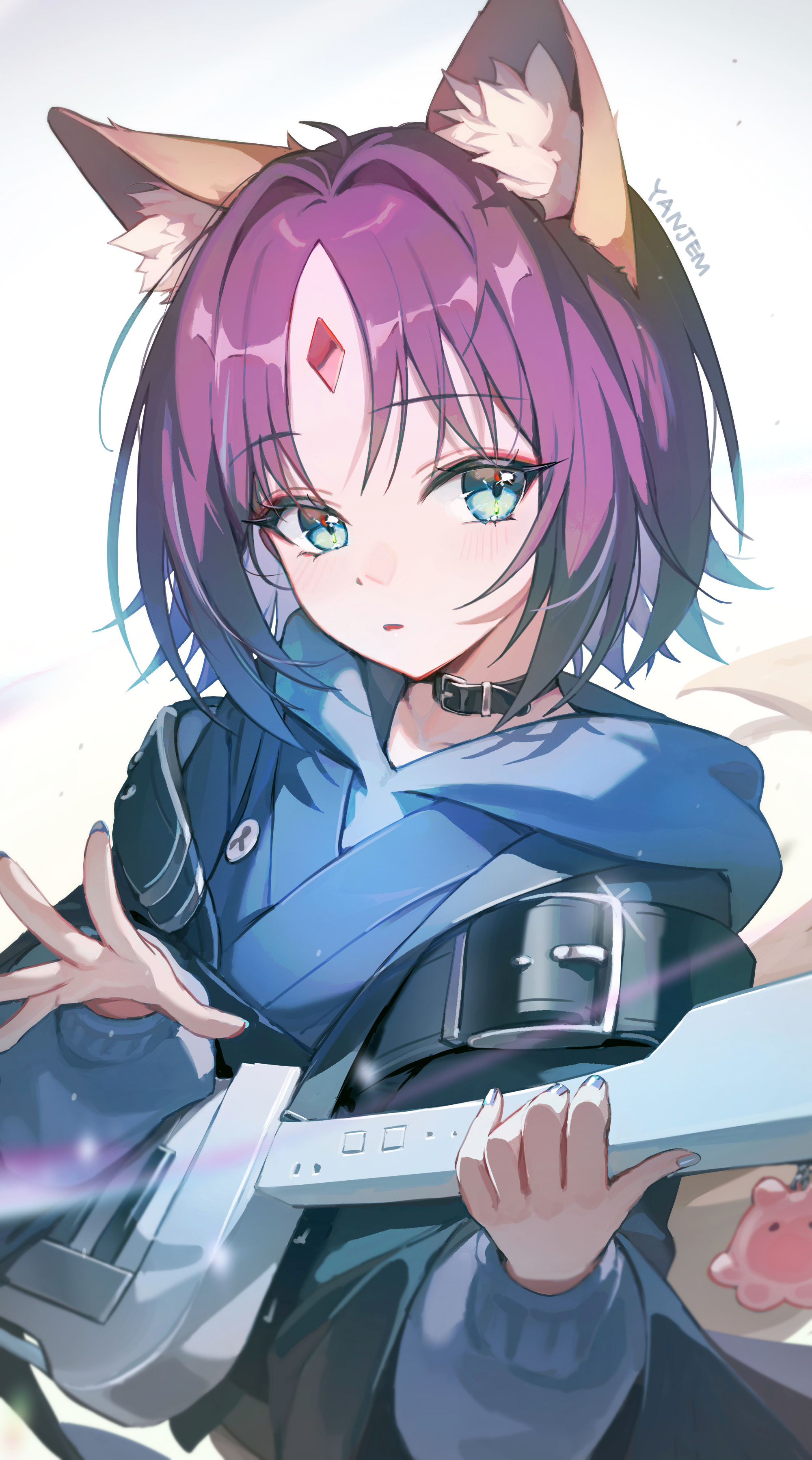 yanjem, absurdres, commentary request, copyright request, highres, 1girl, animal ear fluff, aqua eyes, artist name, black jacket, blue hoodie, blue kimono, blue nails, blush, buckle, charm (object), collar, facial mark, forehead mark, hood, hood down, hoodie, instrument, jacket, japanese clothes, keytar, kimono, long sleeves, looking at viewer, music, nail polish, open clothes, open jacket, parted bangs, parted lips, playing instrument, purple hair, short hair, simple background, solo, upper body, white background