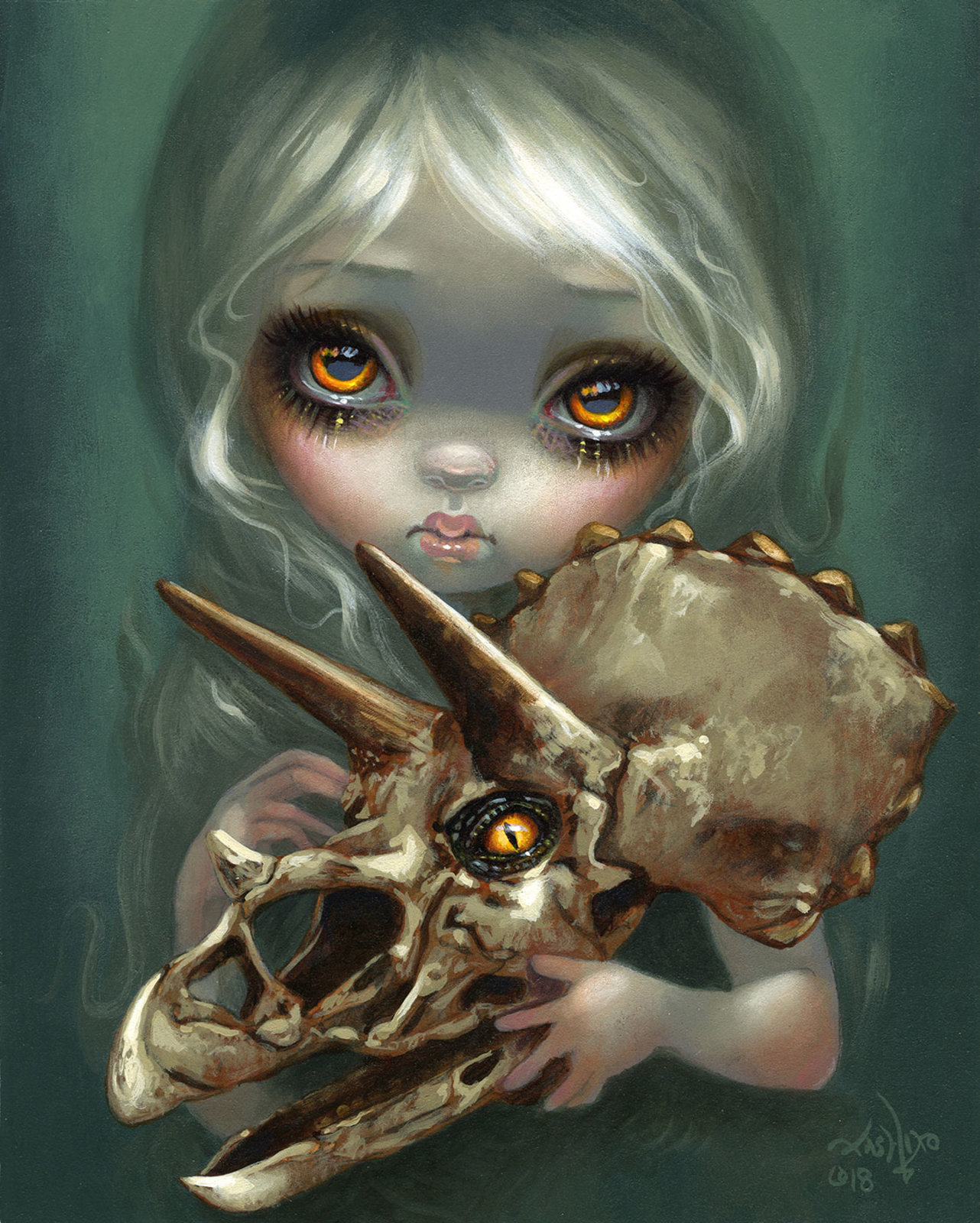 original, highres, painting (medium), traditional media, 1girl, blonde hair, closed mouth, eyelashes, holding, holding skull, jasmine becket-griffith, lips, long hair, looking at viewer, makeup, orange eyes, pale skin, philtrum, portrait, round nose, skull, solo, triceratops