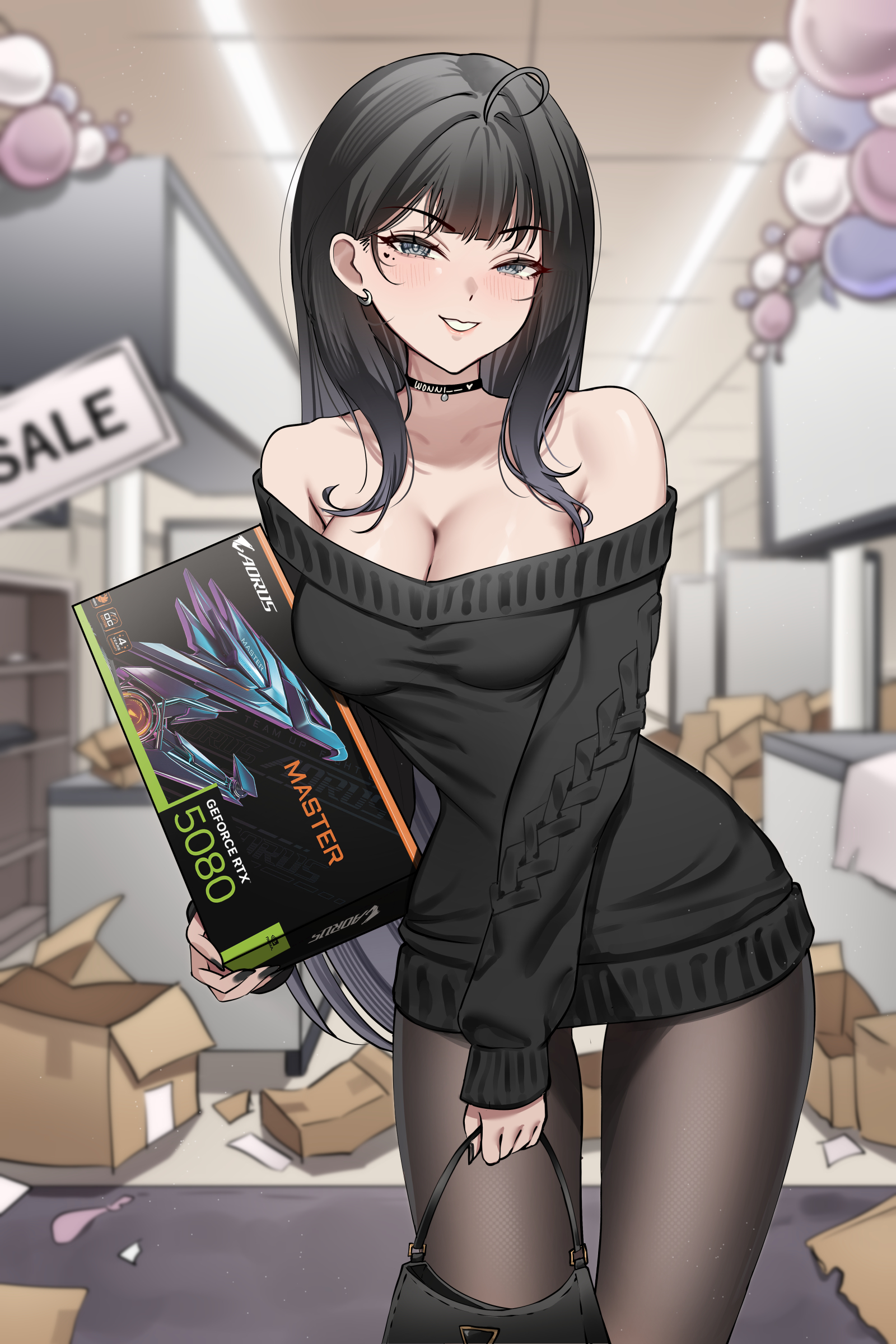 wonnikon, nabi (wonnikon), original, absurdres, highres, 1girl, balloon, bare shoulders, black choker, black hair, black pantyhose, black sweater, blurry, blurry background, box, breasts, choker, cleavage, ear piercing, english text, facial mark, heart, heart facial mark, heart on cheek, holding, holding box, long hair, looking at viewer, medium breasts, mole, mole under eye, off-shoulder sweater, off shoulder, pantyhose, piercing, smile, solo, sweater
