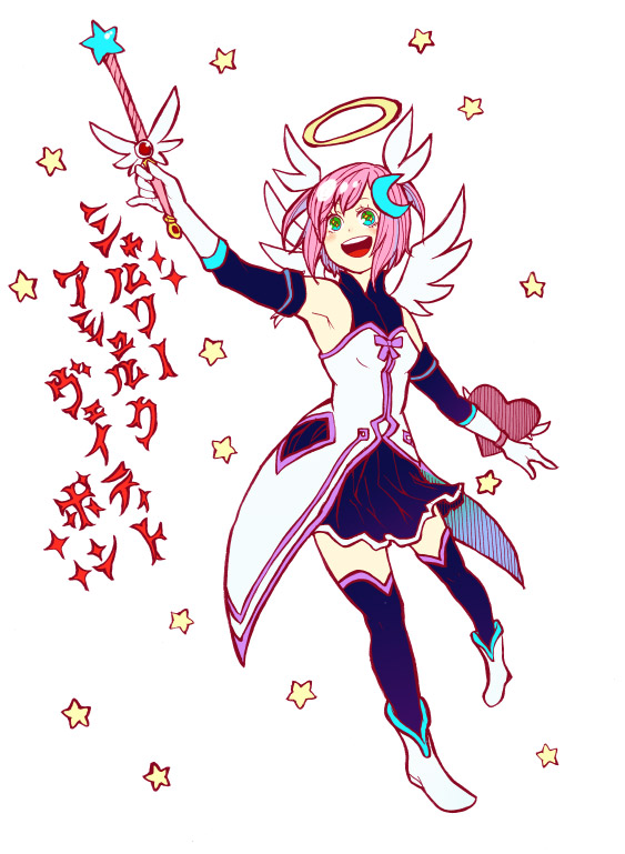 yoshizu (210), estellise sidos heurassein, tales of (series), tales of vesperia, bad id, bad pixiv id, 00s, 1girl, female focus, gloves, green eyes, halo, magical girl, official alternate costume, pink hair, rod, shield, short hair, smile, solo, thighhighs, wings, zettai ryouiki