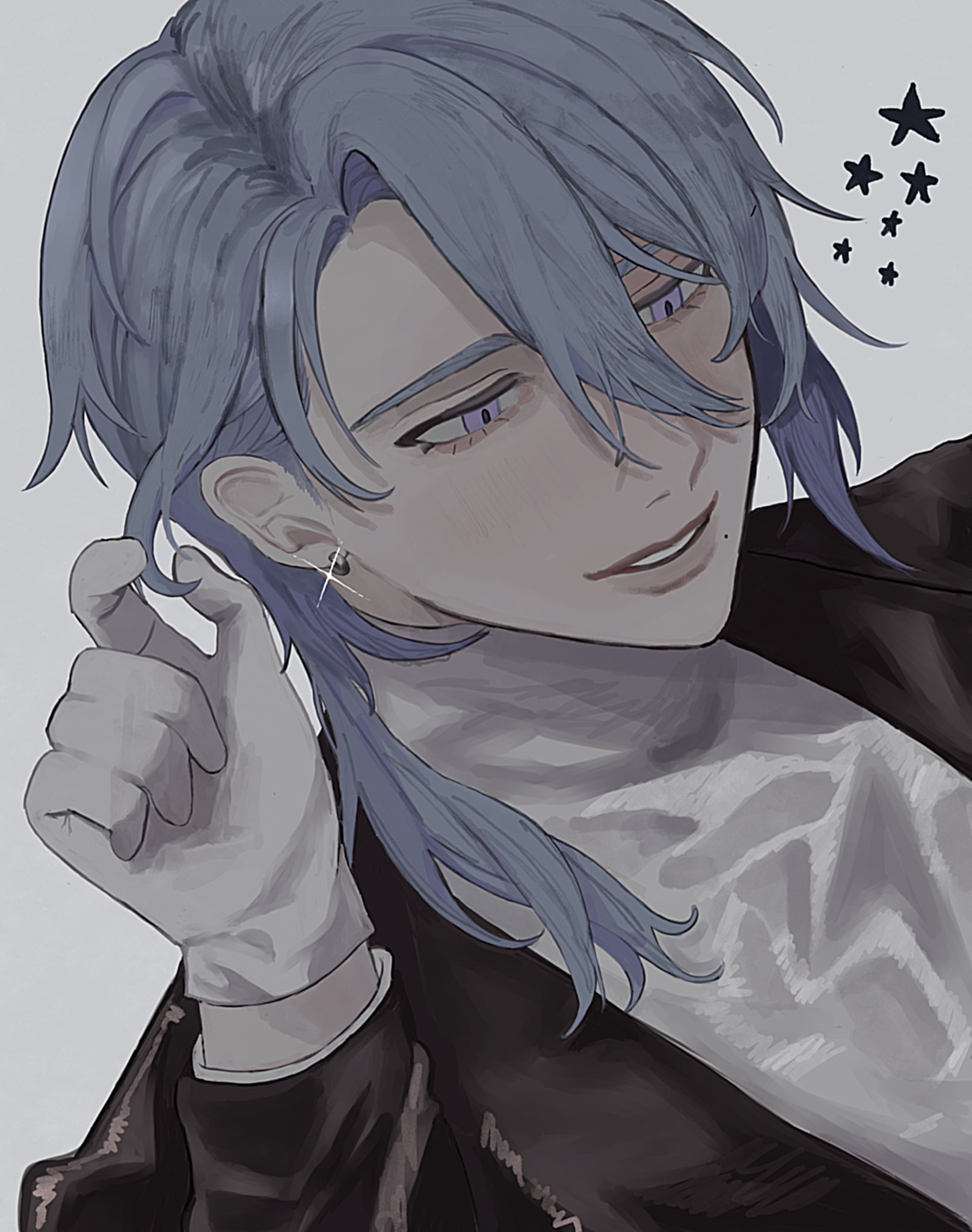 kamisato ayato, genshin impact, commentary, highres, 1boy, alternate costume, asymmetrical hair, black jacket, blue hair, curtained hair, dutch angle, earrings, glint, gloves, grey background, hair behind ear, hair between eyes, hair over shoulder, hand up, jacket, jewelry, long sleeves, looking down, male focus, medium hair, mole, mole under mouth, morumottocute, parted bangs, parted lips, purple eyes, shirt, simple background, smile, solo, star (symbol), turtleneck, turtleneck shirt, upper body, white gloves, white shirt