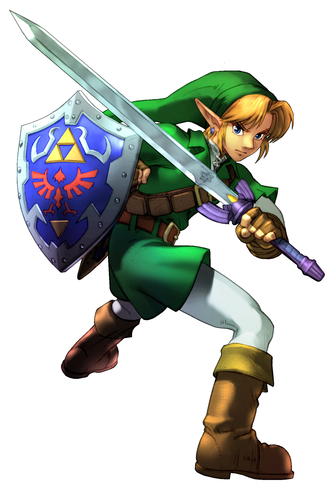 kawano takuji, link, nintendo, soul calibur, soulcalibur, soulcalibur ii, the legend of zelda, the legend of zelda: ocarina of time, highres, official art, 1boy, blonde hair, blue eyes, crossover, earrings, gloves, hat, holding, holding sword, holding weapon, hylian shield, jewelry, male focus, master sword, pointy ears, shield, solo, sword, weapon