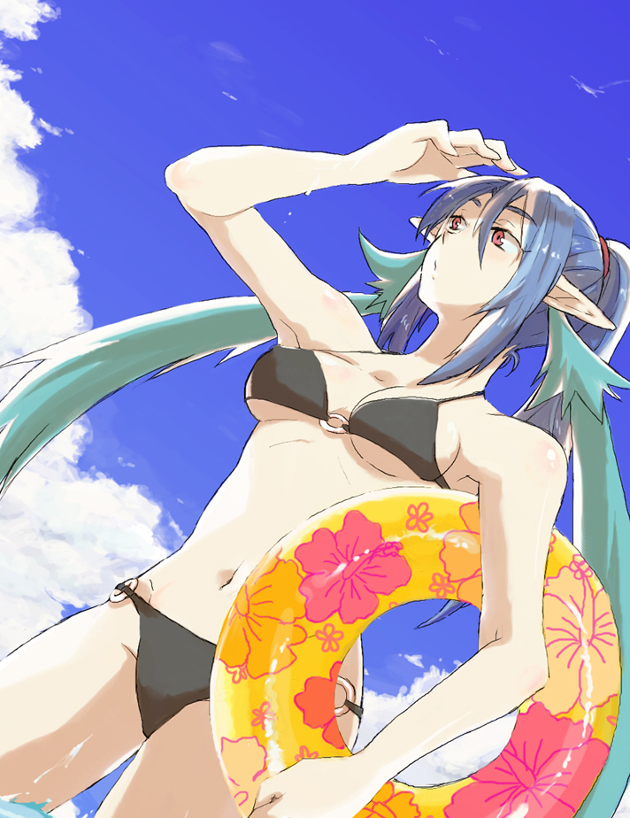 wnhqd518, judith (barely-there black bikini) (tales), judith (tales), tales of (series), tales of vesperia, bad id, bad pixiv id, 00s, 1girl, bikini, blue hair, breasts, day, female focus, innertube, long hair, official alternate costume, outdoors, pointy ears, purple eyes, sky, solo, swim ring, swimsuit