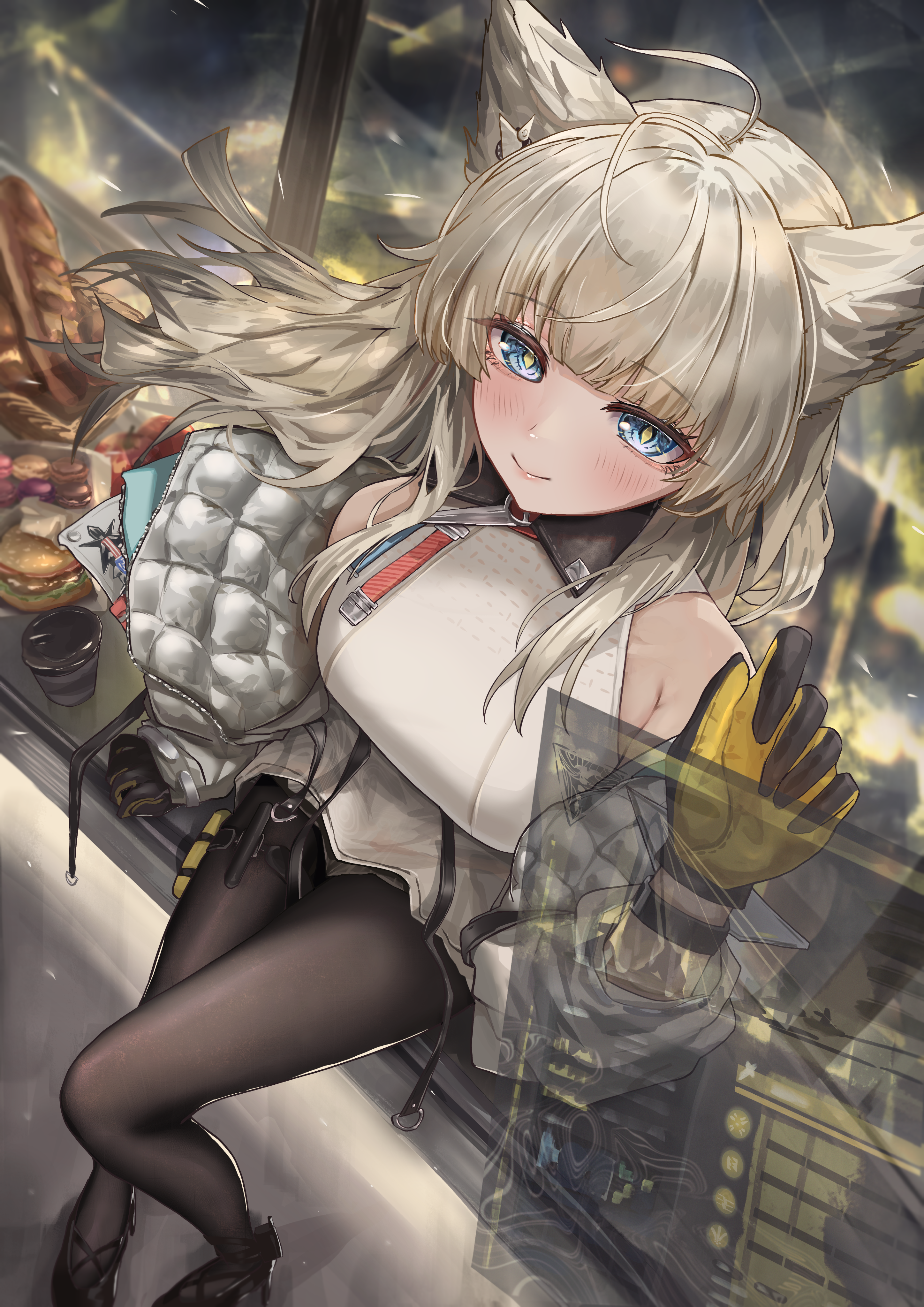nekoplanetouo, perlica (arknights), arknights, arknights: endfield, absurdres, commentary request, highres, 1girl, antenna hair, apple, bare shoulders, black gloves, black pantyhose, black shoes, blue eyes, blunt bangs, blush, bread, breasts, burger, closed mouth, cup, disposable coffee cup, disposable cup, dress, ear tufts, food, from above, fruit, gloves, grey hair, hair ornament, hairpin, holographic interface, indoors, jacket, large breasts, long hair, long sleeves, looking at viewer, looking up, macaron, off shoulder, open clothes, open jacket, pantyhose, shoes, sitting, smile, solo, two-tone gloves, white dress, white jacket, window, yellow gloves