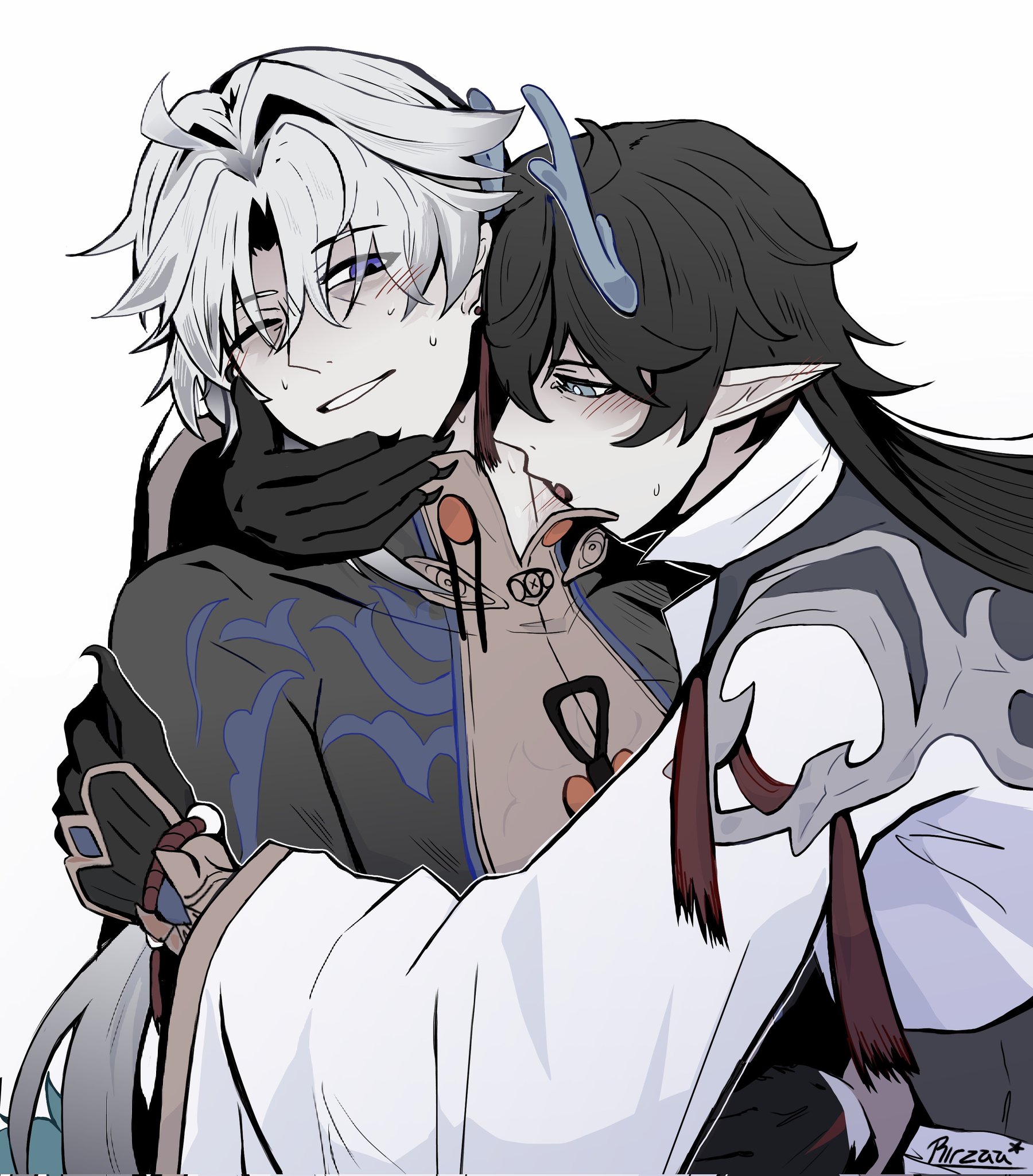 rirzaa, blade (honkai: star rail), dan feng (honkai: star rail), dan heng (honkai: star rail), dan heng (imbibitor lunae) (honkai: star rail), yingxing (honkai: star rail), honkai: star rail, honkai (series), commentary, english commentary, highres, 2boys, black hair, blush, closed mouth, couple, english text, hug, licking, long hair, looking at another, multiple boys, open mouth, simple background, smile, white hair, yaoi