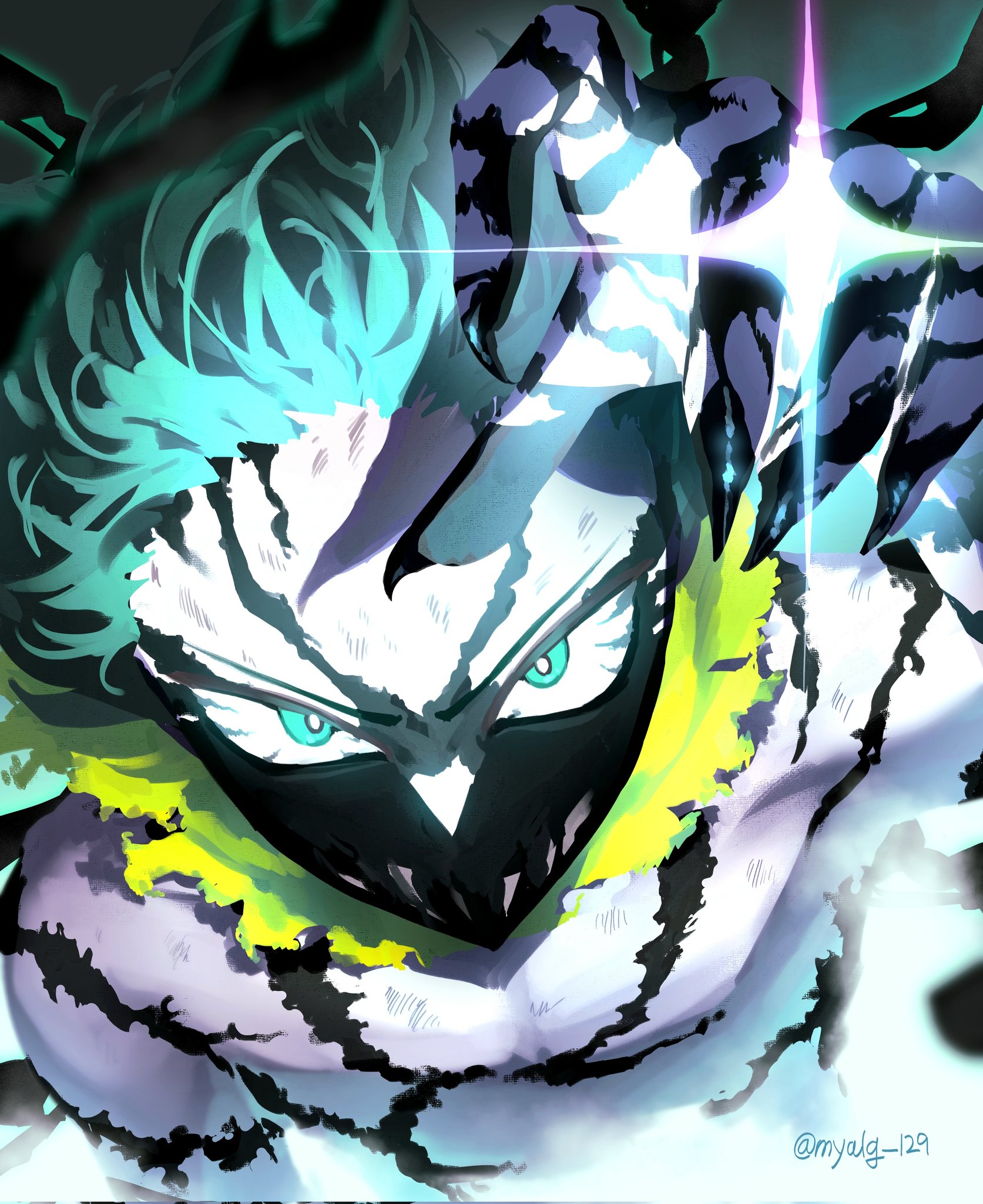midoriya izuku, boku no hero academia, hashtag-only commentary, highres, 1boy, aqua eyes, aqua hair, black mask, black nails, claws, dirty, dirty face, fingernails, furrowed brow, looking at viewer, male focus, mask, mouth mask, myalg 129, sharp fingernails, solo, sparkle, torn clothes, twitter username, upper body