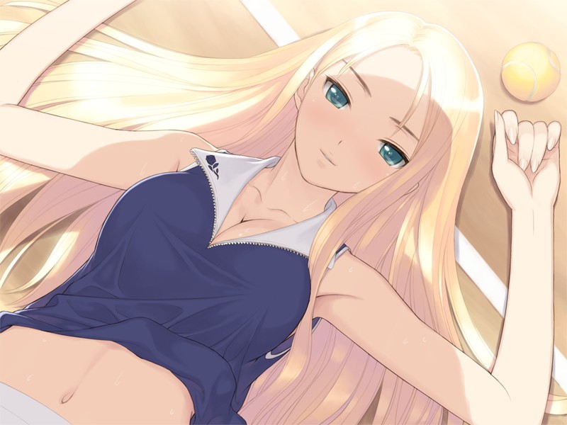 tony taka, date wingfield reiko, fault!!, game cg, 00s, 1girl, ball, blonde hair, blue eyes, breasts, cleavage, female focus, green eyes, long hair, lying, midriff, naughty face, navel, on back, solo, sportswear, sweat, tennis ball, tennis uniform, zipper